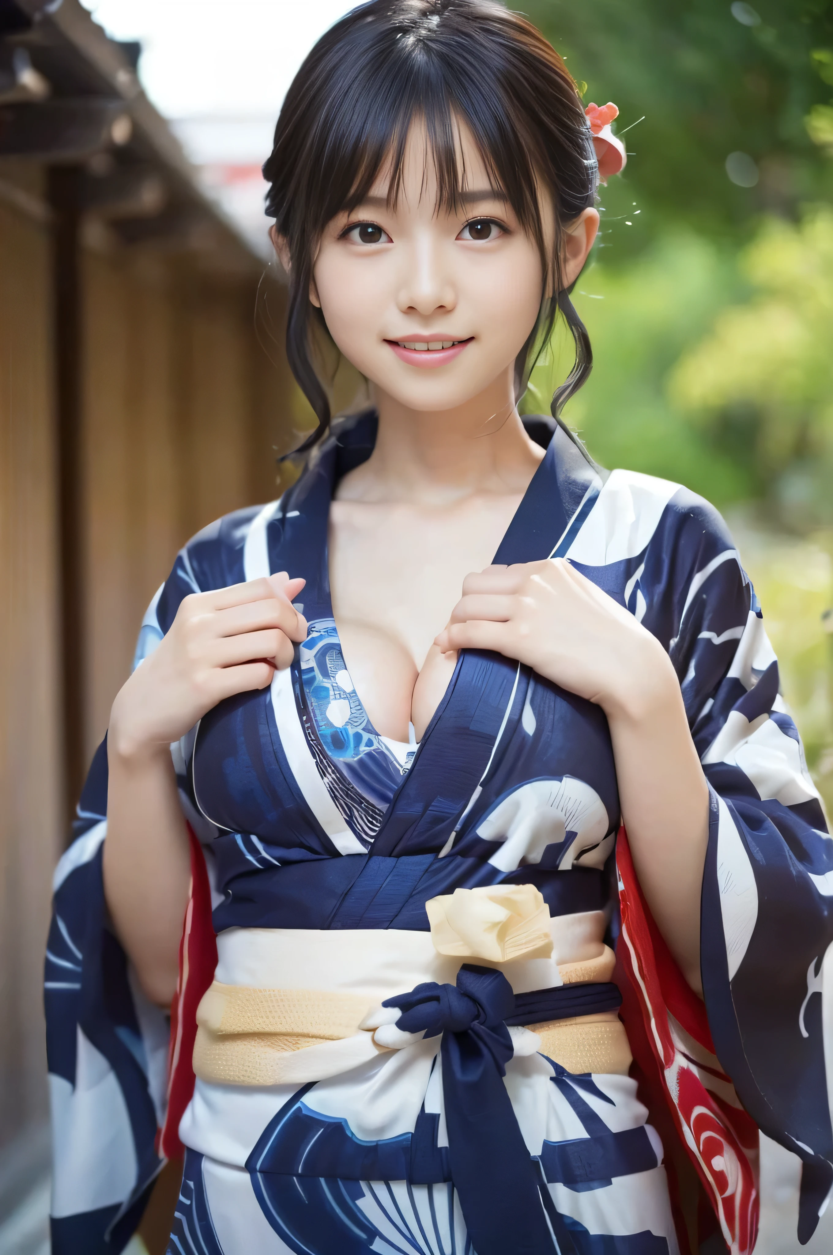 a closeup, masterpiece, top-quality, FULL ANATOMY、Raw foto, Photorealsitic、(Cute little face:1.6)、(Very cute smile:1.7)、(Looking at the camera)、(with round face:1.9)、(Kimono:1.7)、(Black eyes、A dark-haired:1.8), depth of fields, hight resolution, ultra-detailliert, finely detail, ighly detailed, extremely detailed eye and face, Realistic person,(Realistic background:1.9), (accurate hands、accurate fingers:1.5), foco nítido, Cinematic lighting、18-year-old woman、、(Only one person、without background:2)、 (short-cut:1.4)、Very detailed 8k wallpaper、Show me your whole body、Looking at the camera、Angle from below、(Thigh close-up、large full breasts:1.6)、(Nice figure、Clothes with emphasized chest bulge、big breasts thin waist)、Background depth of field