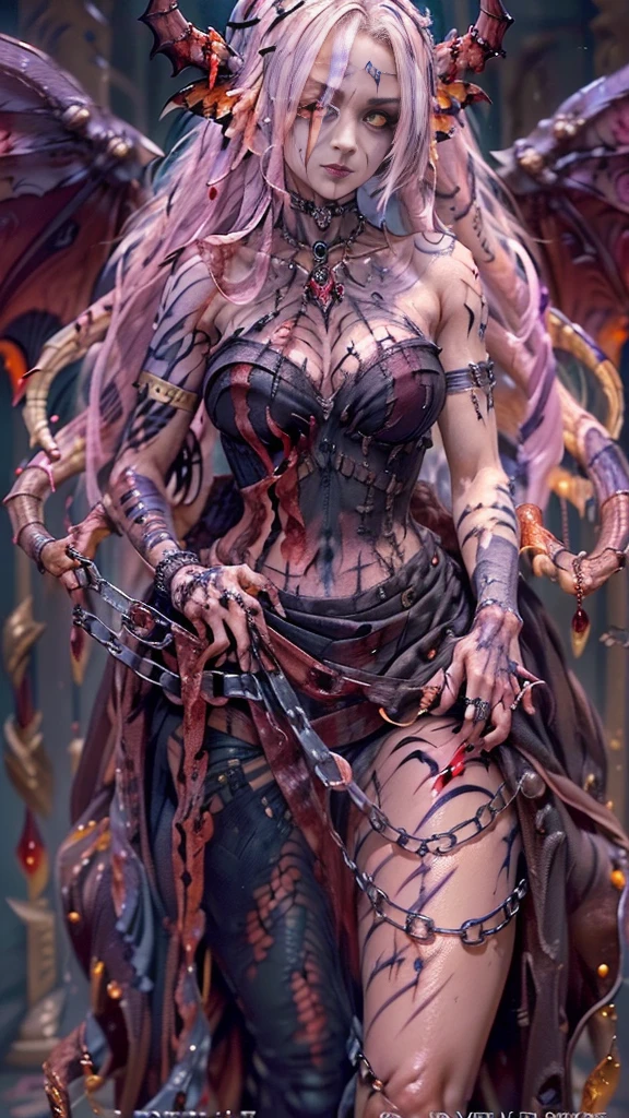 (32K:1.5, Dark fantasy:1.4, Highest quality, masterpiece, Ultra-high resolution), Perfect dynamic composition:1.3, Horror Portrait, chaos, Dark Background:1.3, Prisoner, slave, Dark Demon World, evil, (Detailed tattoos on the whole body:1.4, wearing exquisite jewelry:1.4), Very detailedな肌と顔の質感:1.3, Very accurate, Very detailed, (Sexy succubus demon with big wings:1.3, Incredibly slim body:1.3, beautifully、aesthetic:1.3), Horn, Fair skin, Sensual posture, ((Putting Badly Torn Clothing Back on Properly:1.3)), Medium chest, (Big eyes that exude eroticism:0.4, Feel the stimulating caress:1.0, Open your mouth a little, lipstick, Feel the eroticism:0.9, Too sexy:0.9, charm的な:0.9), ((Bloody:1.5, Covered in scars:1.5, Necrosis:1.6, Lots of chains:1.6, Countless chains tangled in clothes:1.6, Chain your right arm:1.5, Chain the left arm:1.5, The right leg is bound with a shackle and chain:1.5, The left leg is bound with a shackle and chain:1.5)), Super long blonde curly hair, Earrings, necklace, bracelet, romantic, mysterious, elegant, Object of admiration, original, dramatic, artistic, Innovative, charm, Heartful, Fancy, sense of openness, sense of cleanliness, special, exciting, grotesque, Extreme, Tilt, sense of loss, sorrow, sorrowの表現, ((evilのcharm, 女性的なcharm))