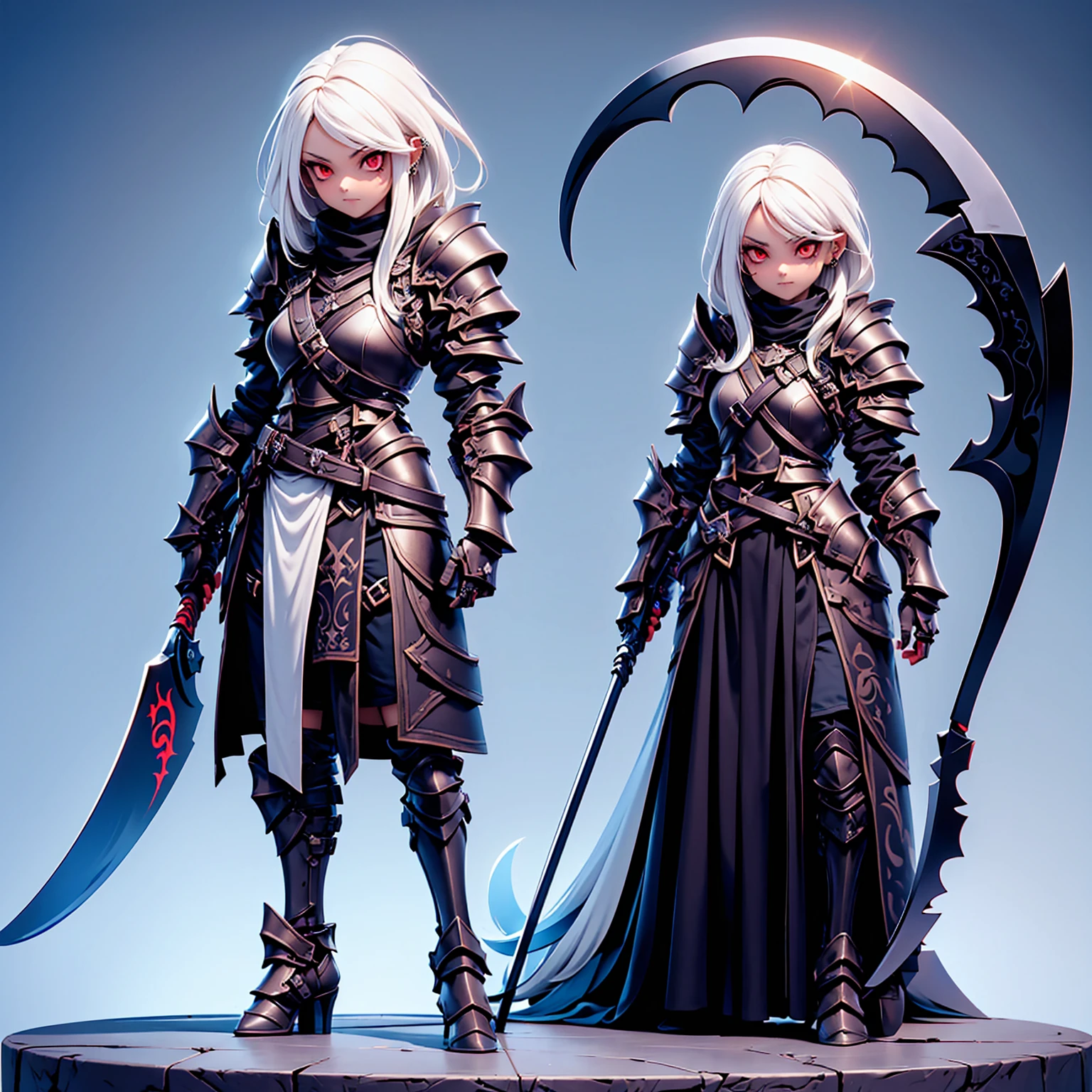 (((masterpiece, best quality, high detailed, 8k))) Design a layout showcase Gaming character, (1girl) Slender cute girl character with short stylish white hair and piercing eyes. She wears a demonic armor in purple black and white. wields a large, stylized scythe. The character has a menacing expression, with a chaotic environment as the background. ((full body front view)). ((slender)), (extremely detailed:1.5), (long white hair:1.2), (piercing red eyes:1.2), (chaotic environment:1.1), (demonic armor:1.3), (stylized scythe:1.3).