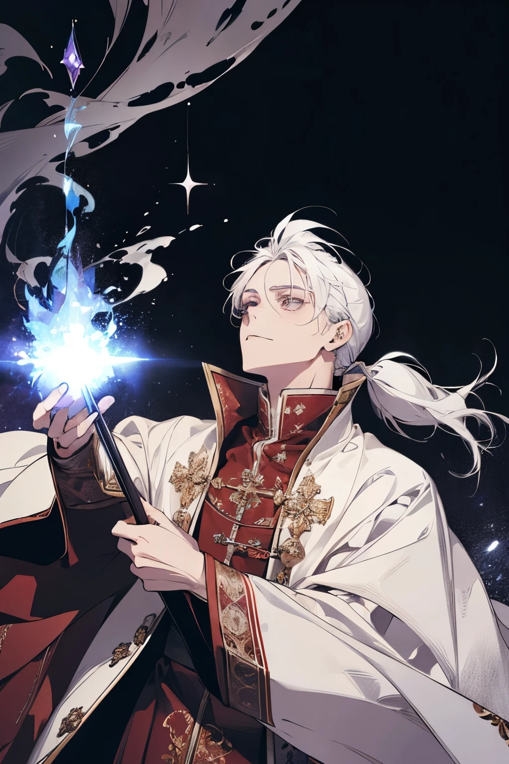 White hair，man，Adult male，Ponytail，cloak，Magic robes，Clothes float up，Magician，Hold a magic wand，Looking up，Big news