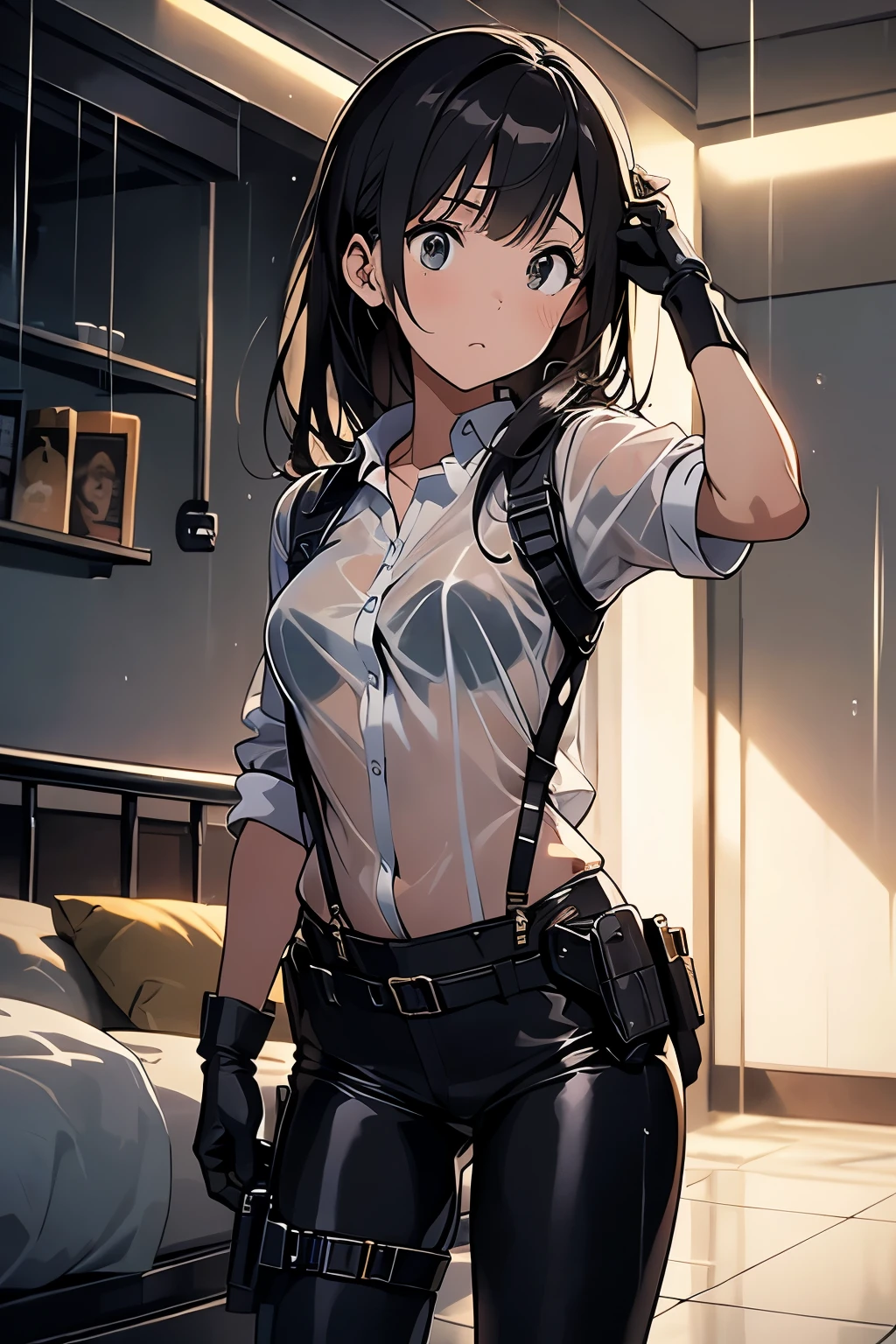1 female, , high quality, masterpiece, Ultra-high resolution, , Cinema Lighting, , , And the suspenders with the cranes flying Large Breasts Small face holster Lying in bed Looking up Sweat belt summer 脇Sweat Black Hole Gloves suit shirt Black jacket Black trousers Leg Links ズボンにbelt holster Hands behind your back Anxious expression Looking up Anxious face, legs apart Armament Handgun handcuffs Cable ties レッグholster holster See-through clothing heavy rain Getting wet in the rain