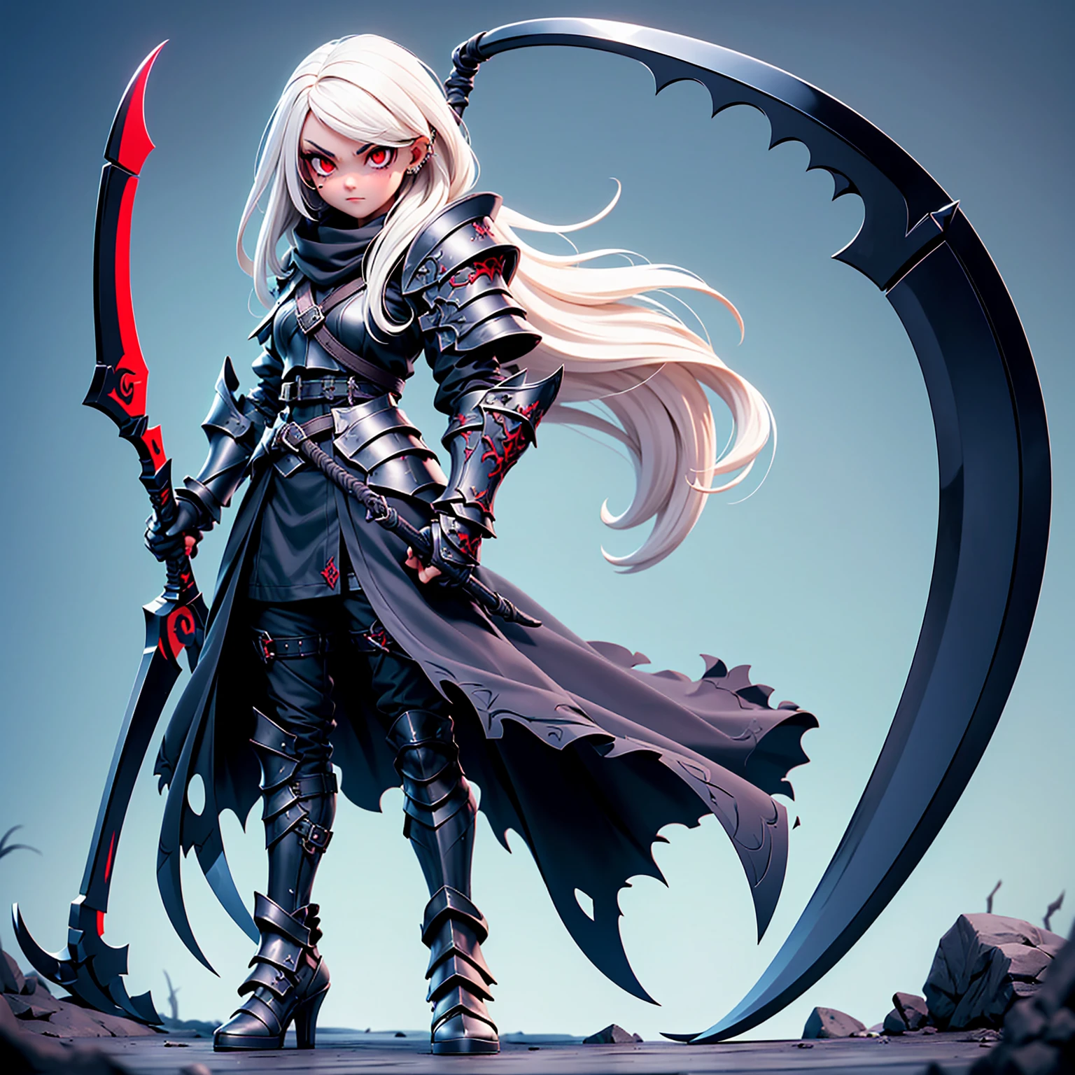 (((masterpiece, best quality, high detailed, 8k))) Design a layout showcase Gaming character, (1girl) Slender cute girl character with short stylish white hair and piercing eyes. She wears a demonic armor in purple black and white. wields a large, stylized scythe. The character has a menacing expression, with a chaotic environment as the background. ((full body front view)). ((slender)), (extremely detailed:1.5), (long white hair:1.2), (piercing red eyes:1.2), (chaotic environment:1.1), (demonic armor:1.3), (stylized scythe:1.3).