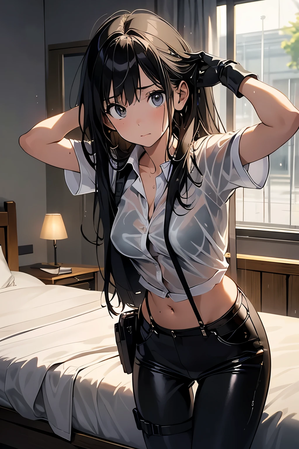 1 female, , high quality, masterpiece, Ultra-high resolution, , Cinema Lighting, , , And the suspenders with the cranes flying Large Breasts Small face holster Lying in bed Looking up Sweat belt summer 脇Sweat Black Hole Gloves suit shirt Black jacket Black trousers Leg Links ズボンにbelt holster Hands behind your back Anxious expression Looking up Anxious face, legs apart Armament Handgun handcuffs Cable ties レッグholster holster See-through clothing heavy rain Getting wet in the rain