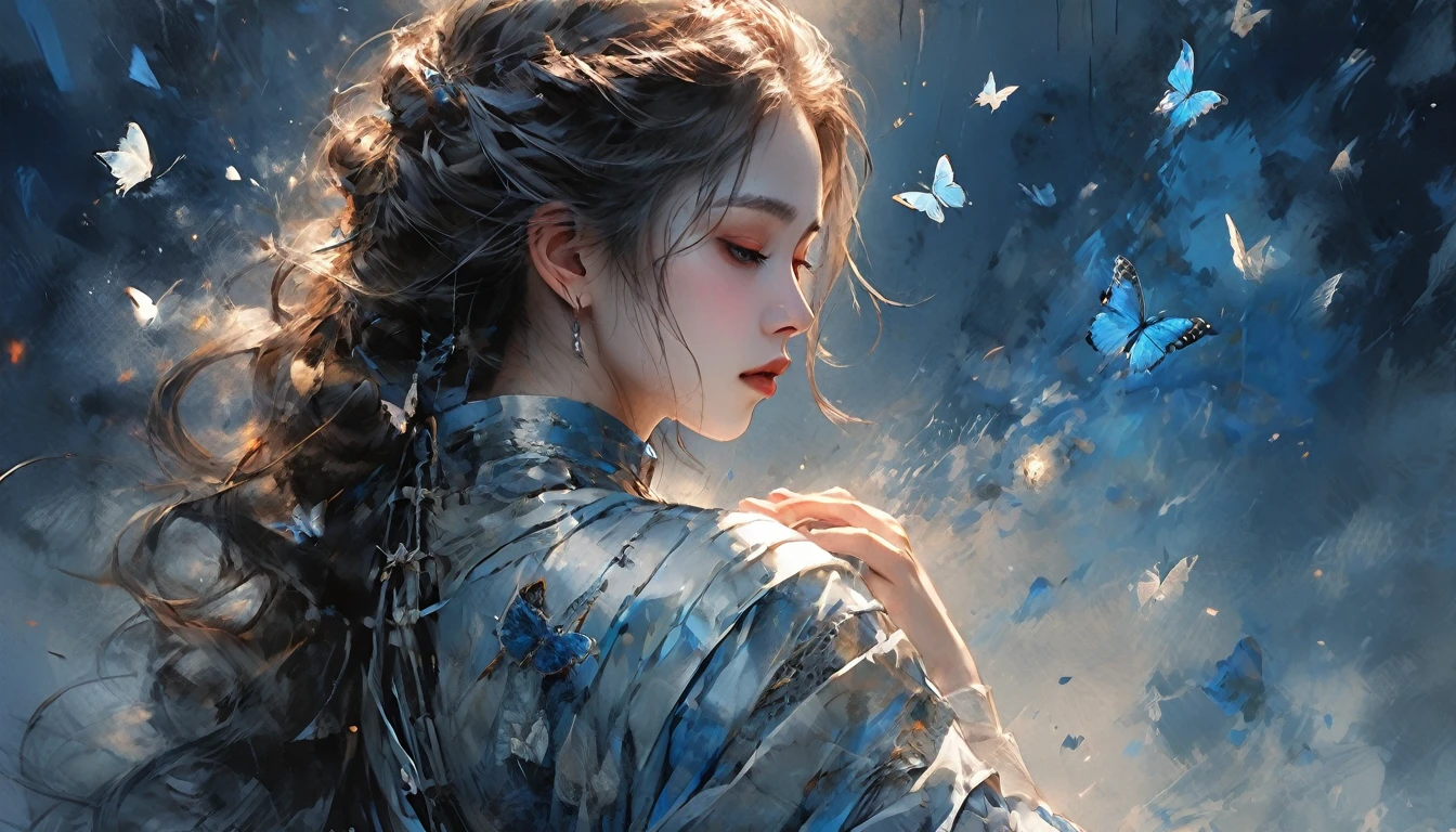 rain、right ,prayer, Beautiful woman, Sad look, Faded elegance, A poignant atmosphere, Lost Beauty, Melancholic mood, Fascinating, Eternal Sadness, Contrasting, Delicate Decay,Line art,Backlight,Wind,Backlight,Stardust,(Wind:1.2),knight,Blue Blood, Fire and butterfly