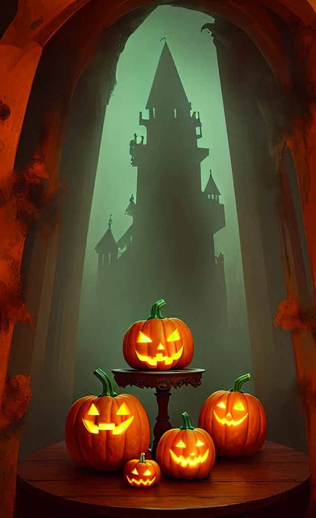 masterpiece, Highest quality,  Explore a haunted theme park,, Whimsical, Shine, Shineing, fun, Stupid, Mysterious, Magic, Mysterious, fun, interesting、、Pumpkin Ghost、pumpkin、colorful、pumpkin