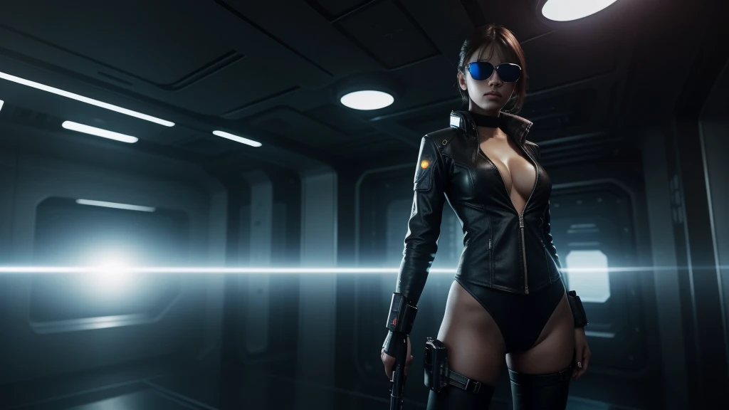 Is irony a muse? futuristic, cyber themes, cyberpunk, noperson, view of space from futuristic city. (((1girl, solo, alone))), large-breast:1.2 slim:0.6 body, slim face, cleavage:1.1, sexy jacket, (black sunglasses), (((holding a pistol))), dynamic pose, ((half-body thigh:1.1 level medium shot)), mysterious fog, cinematic lighting, ray tracing.