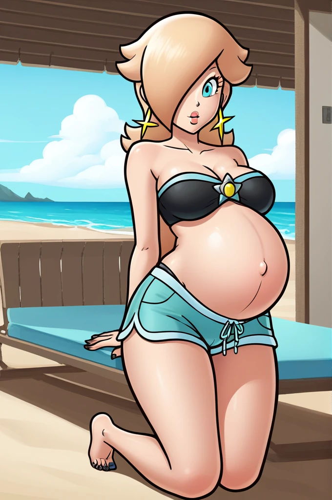 score_9, score_8_up, 1girl, solo, rosalina, style parody, thick outlines, black bikini, shorts, pregnant belly, sleeveless, strapless, , indoors, beach, black nails, complete body, perfect