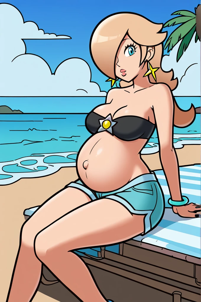 score_9, score_8_up, 1girl, solo, rosalina, style parody, thick outlines, black , shorts, pregnant belly, sleeveless, strapless, cleavage, indoors, beach, black nails, complete body, perfect