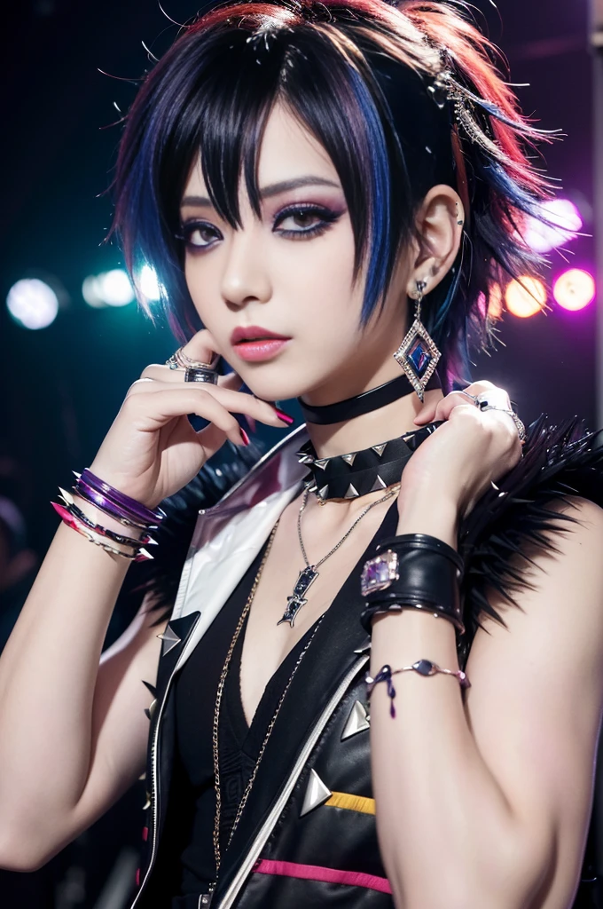 (masterpiece:1.4), (best quality:1.4), ultra high res, ultra high resolution, ((ultra detailed facial features)), HDR, (realistic, photorealistic, photo-realistic:1.37), (1 man), full body Esbian, ((sexy Japanese male)), (-anime), vivid colors, ((vivid colors multicolor (Visual Kei style spikes very short hair))), (happy smile), ultra detailed punk makeup, bold lipstick, long lashes, defined eyebrows, wearing large Visual Kei jewelery, wearing a Visual Kei cosplay, ((vivid Visual Kei outfit)), (layered clothing), choker, rings, bracelets, piercings, look at the camera, cinematic light, rockstar festival stage background with multicolor lights, sweet and sexy pose