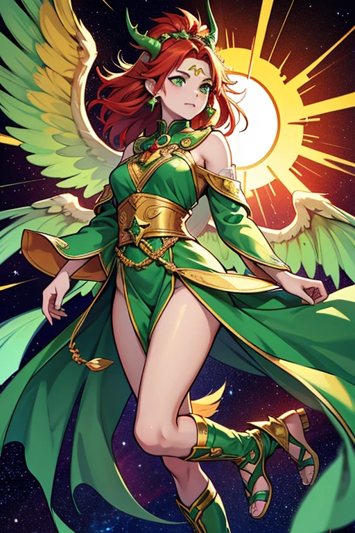 guardian dragon woman, priestess of fire who controls and creates stars, clothes with lots of hanging veils and lots of fabric, with green eyes, red and green horns, his long red hair with green tips or roots with moths in his full body hair and large dragon wings. e outro par de asas de anjo guardian dragon woman que controla e cria estrelas, roupas com muitos veus pinturado with green eyes, chifres vermelho e seu grande cabelos ruivo com traças no cabelo de corpo inteiro e grande assas woman celestial cosmic powers to control stars and sun star symbols red color hair and green and red clothes with flip flops, shiny star earring, a green jade stone on the forehead to control stars and sun symbols of star and veil that will come a pair of golden angel wings and another pair of dragon wings a golden veil passing over the top of your body, woman celestial cosmic powers to control stars and sun star symbols red color hair and green and red clothes with flip flops, shiny star earring, a green jade stone on the forehead to control stars and sun symbols of star and veil that will come 4 pair of golden angel wings and another pair of wings priestess of fire with horns and large angel wings green and red clothes with military dragon boots guardian dragon that controls and creates stars, roupas com muito tecido pendurado with green eyes, red horns and his big red hair with moths in his hair all over his body and big angel wings and details of stars on his legs and a jade stone in the middle of his forehead