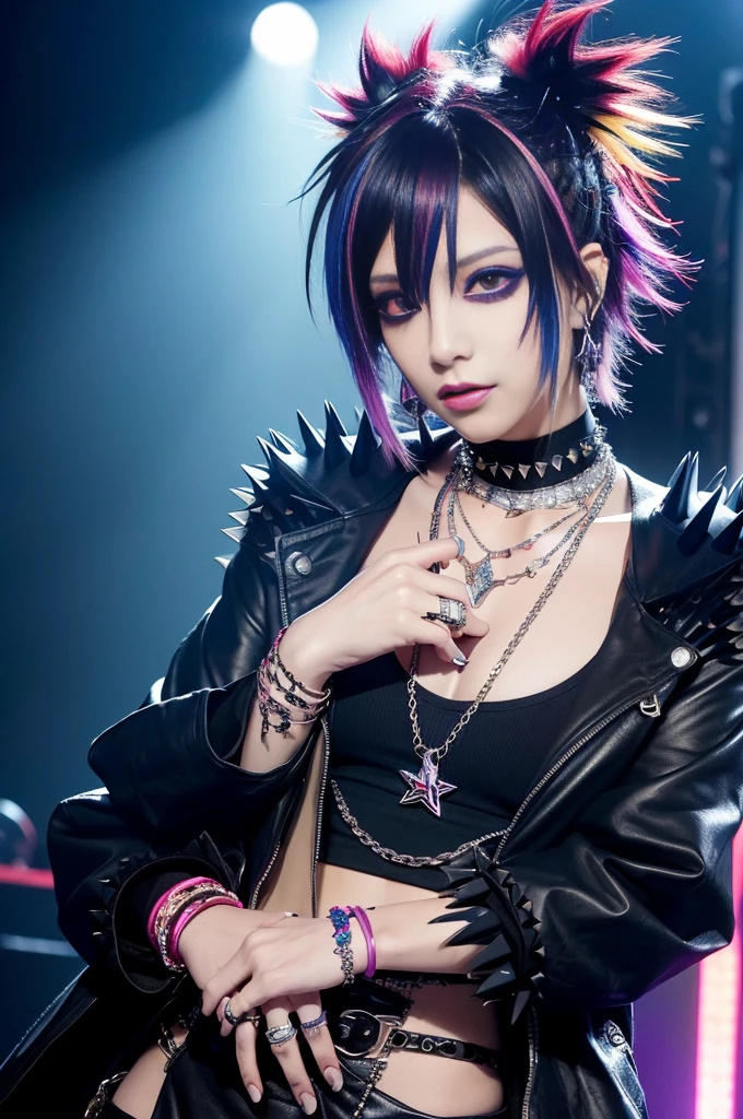 (masterpiece:1.4), (best quality:1.4), ultra high res, ultra high resolution, ((ultra detailed facial features)), HDR, (realistic, photorealistic, photo-realistic:1.37), (1 man), full body Esbian, ((y Japanese male)), (-anime), vivid colors, ((vivid colors multicolor (Visual Kei style spikes very short hair))), (happy smile), ultra detailed punk makeup, bold lipstick, long lashes, defined eyebrows, wearing large Visual Kei jewelery, wearing a Visual Kei cosplay, ((vivid Visual Kei outfit)), (layered clothing), choker, rings, bracelets, piercings, look at the camera, cinematic light, rockstar festival stage background with multicolor lights, sweet and sexose