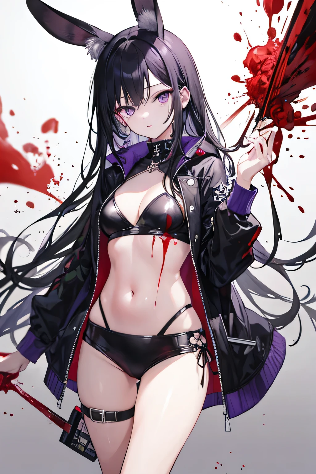 high resolution,masterpiece,Black Hair,long hair,Black rabbit ears,Purple Eyes,Punk clothes,Revealing clothing,1girl,blood splatter