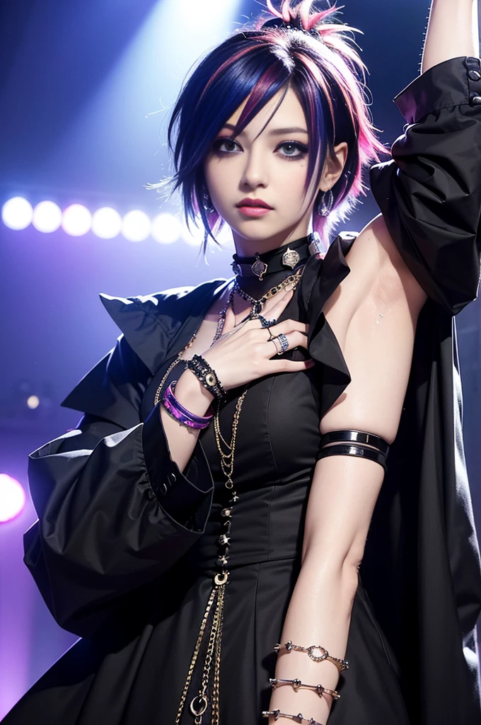 (masterpiece:1.4), (best quality:1.4), ultra high res, ultra high resolution, ((ultra detailed facial features)), HDR, (realistic, photorealistic, photo-realistic:1.37), (1 man), full body Esbian, ((sexy Japanese male)), (-anime), vivid colors, ((vivid colors multicolor (Visual Kei style spikes very short hair))), (happy smile), ultra detailed punk makeup, bold lipstick, long lashes, defined eyebrows, wearing large Visual Kei jewelery, wearing a Visual Kei cosplay, ((vivid Visual Kei outfit)), (layered clothing), choker, rings, bracelets, piercings, look at the camera, cinematic light, rockstar festival stage background with multicolor lights, sweet and sexy pose