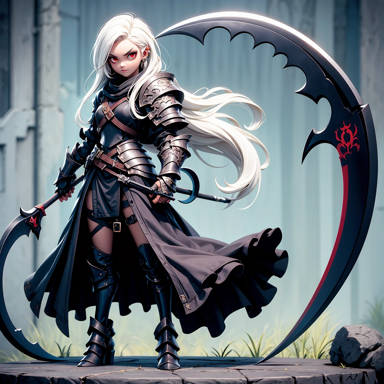 (((masterpiece, best quality, high detailed, 8k))) Design a layout showcase Gaming character, (1girl) Slender cute girl character with short stylish white hair and piercing eyes. She wears a demonic armor in purple black and white. wields a large, stylized scythe. The character has a menacing expression, with a chaotic environment as the background. ((full body front view)). ((slender)), (extremely detailed:1.5), (long white hair:1.2), (piercing red eyes:1.2), (chaotic environment:1.1), (demonic armor:1.3), (stylized scythe:1.3).