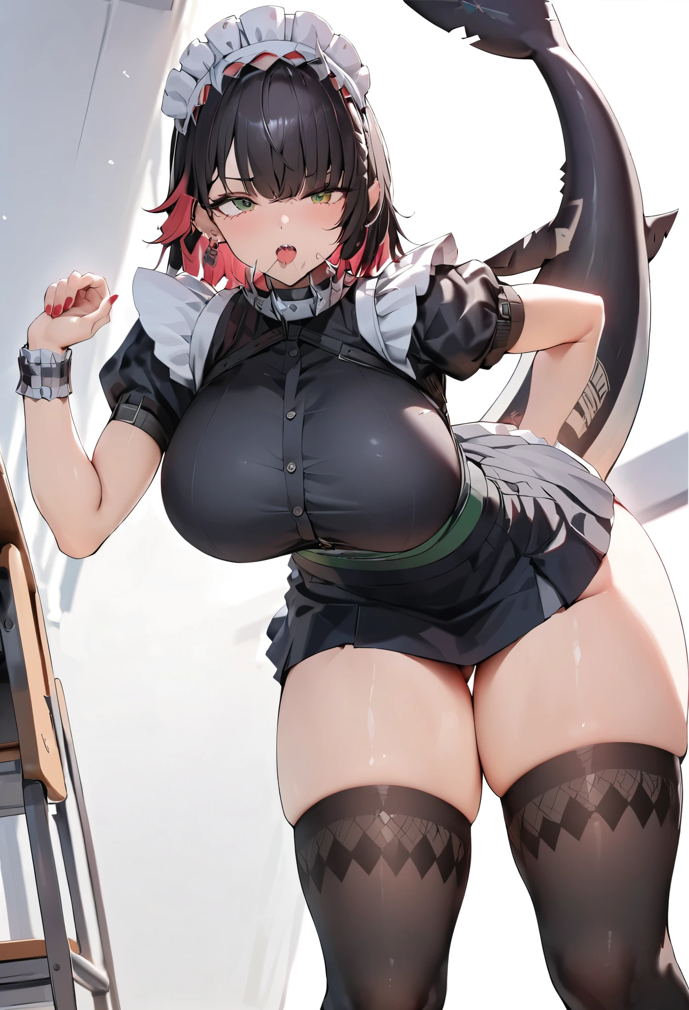 (Highest quality:1.2, 4K, 8k, 非常To詳細, Latest, Attention to detail, High Contrast, masterpiece:1.2, Highest quality, Best aesthetics), (Cute eyes), (8k、Best image quality、Highest quality、masterpiece)、詳細なface、Improve、(Open your mouth),((masterpiece, Highest quality, Super Definition, High resolution)), alone, Sexy beautiful girl, Shining Eyes, Perfect Eyes, ,Big Breasts,Classroom Background, (Black Stockings), (Thighs:1.2),Abdominal muscles,ellen_joe, (ultra-detailed:1.1), (One eye is green:1.3), (high detailed skin), 腰To手を当てる, Large Breasts, Hair Ribbon, twintails, Pink Hair, Tube top, abdomen, Black shorts, (Single knee socks:1.2), (White Background, Simple Background:1.4), ( Good move, Nice hands:0.5), (beautiful_face), ((Complex_detail)), clear face, ((Are you okayly_detailed)), Are you okay_fabric_emphasize, ((Shiny)), full_Shot Counter Joe, Ellen Joe, Black Hair, Inner hair color, multicoloRedhead, (One of my eyes is red:1.3), Redhead, short hair, Two-tone hair, Breaking, black pantyhose, black shirt, black skirt, ear Earrings, To, fish tail, Maid, Maid apron, Maid headdress, pantyhose, Earrings, puffy Short sleeve, Puff sleeves, Shark Girl, shark tail, shirt, Short sleeve, skirt, tail, Two-tone hair, Wrist cuff, Classroom Background,