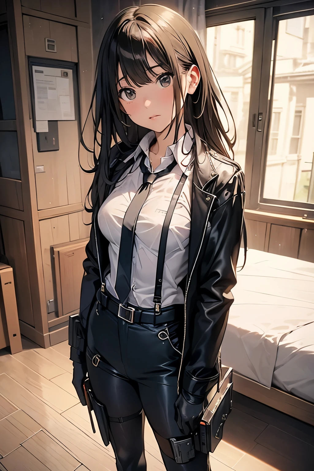 1 female, , high quality, masterpiece, Ultra-high resolution, , Cinema Lighting, , , And the suspenders with the cranes flying Large Breasts Small face holster Lying in bed Looking up Sweat belt summer 脇Sweat Black Hole Gloves suit shirt Black jacket Black trousers Leg Links ズボンにbelt holster Hands behind your back Anxious expression Looking up Anxious face, legs apart Armament Handgun handcuffs Cable ties レッグholster holster See-through clothing heavy rain Getting wet in the rain
