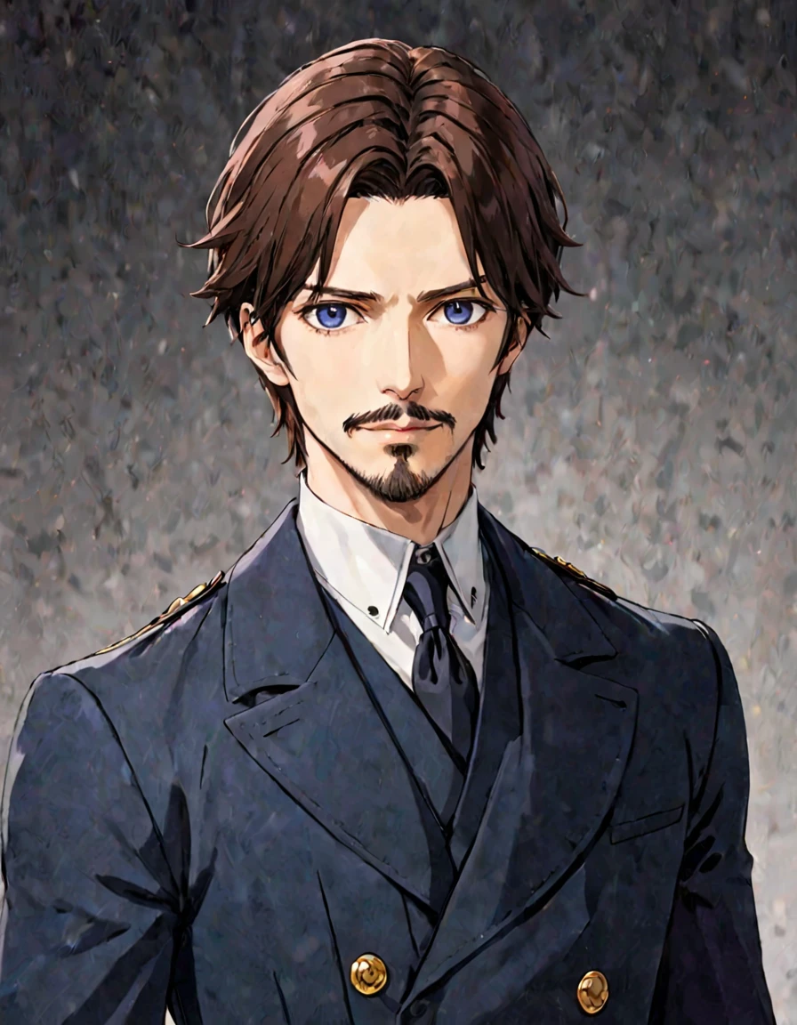 1man, mature male, parted bangs, medium-short hair, brown hair, muscular male celeb, short goatee, short mustache, indigo eyes, gentleman, elegant netori male, dark iris, upperwaist, BREAK solo, white collared shirt, gray trench coat, black neck ribbon, in gentle sasaki style, visual novel, 2010s, extreme all detailed, masterpiece, best quality