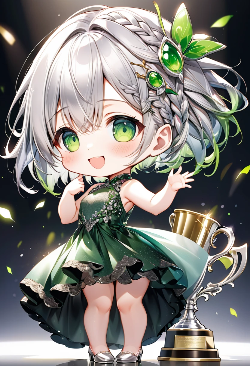 Highest quality, High resolution, Detailed Background, Beautiful face in every detail, Anatomically correct, Detailed facial expressions, fine grain, ((full body:1.2, from below, side view)), ((One Girl, Chibi Girl:1.2)), (Award-Winner1.2), silver Hair, beautiful clear big green eyes, Braided Bob, (luxurious hair ornament:1.2),  break (Sleeveless super shiny tight dress, メタリックレッドのシルク, high heel), break (Background is the award ceremony venue, many audience applauded), (Very big smile:1.3), ((winner's pose with a very big trophy:1.3))