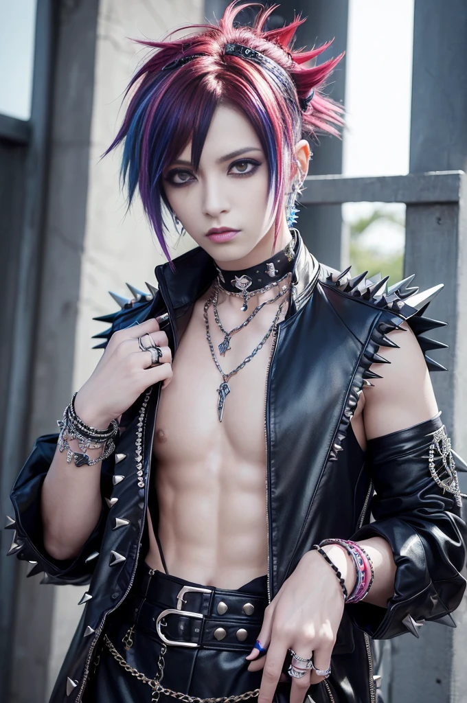 (masterpiece:1.4), (best quality:1.4), ultra high res, ultra high resolution, ((ultra detailed facial features)), HDR, (realistic, photorealistic, photo-realistic:1.37), (1 man), full body Esbian, ((sexy Japanese male)), (-anime), vivid colors, ((vivid colors multicolor (Visual Kei style spikes very short hair))), (happy smile), ultra detailed punk makeup, bold lipstick, long lashes, defined eyebrows, wearing large Visual Kei jewelery, wearing a Visual Kei cosplay, ((vivid Visual Kei outfit)), (layered clothing), choker, rings, bracelets, piercings, look at the camera, cinematic light, rockstar festival stage background with multicolor lights, sweet and sexy pose