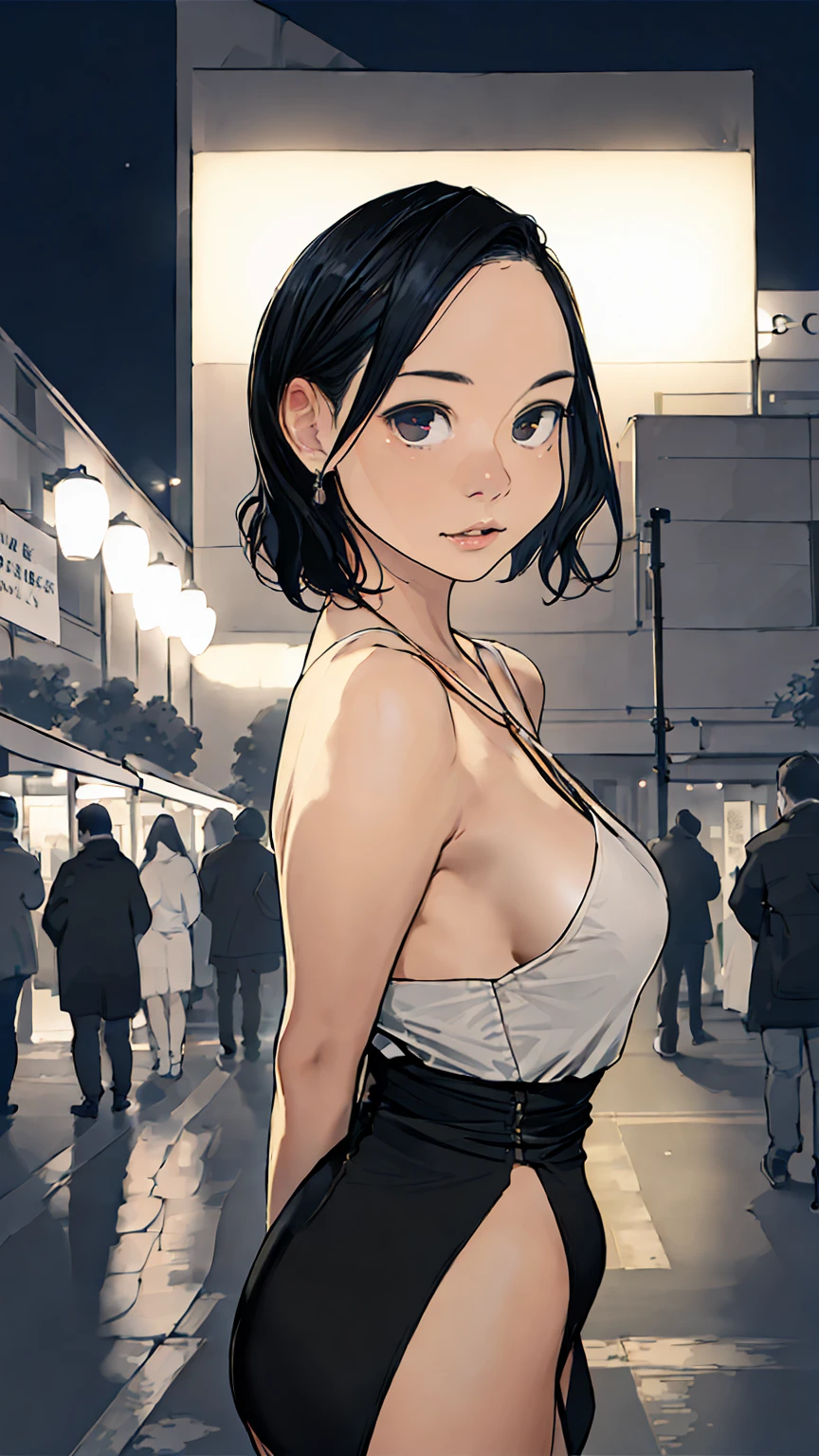 ((best quality)), ((masterpiece)), (detailed), (((perfect face))), 18yo  girl, skinny waist, skinny thighs, crowded city street, (((humiliated:1.5))), ((walking)), (((see-through lingerie dress))), ((blushing:1.2))