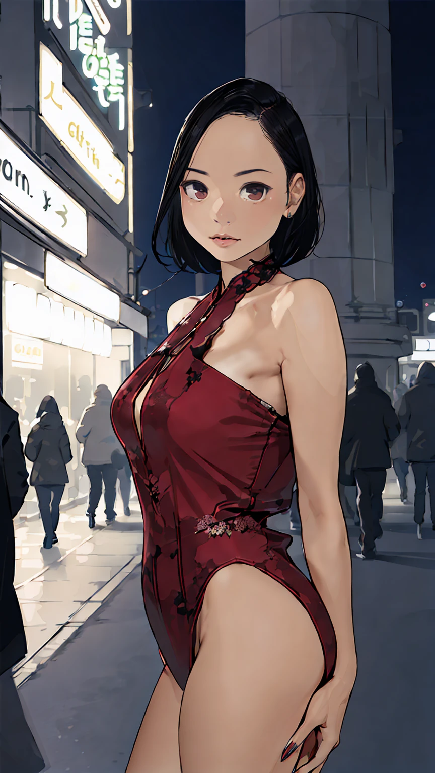 (Half-length photo,Street Lights,moon),masterpiece, 1 Girl, Solo exhibitions, Beautiful woman on the busy street, Surrounded by vendors, Beautiful goddess girl portrait, Beautiful and delicate face, Porcelain skin, (((Half-length photo, center, night, Black Hair, short hair)), Super soft light, symmetry, complex, grace, High Detail, realism, Art, concept Art,