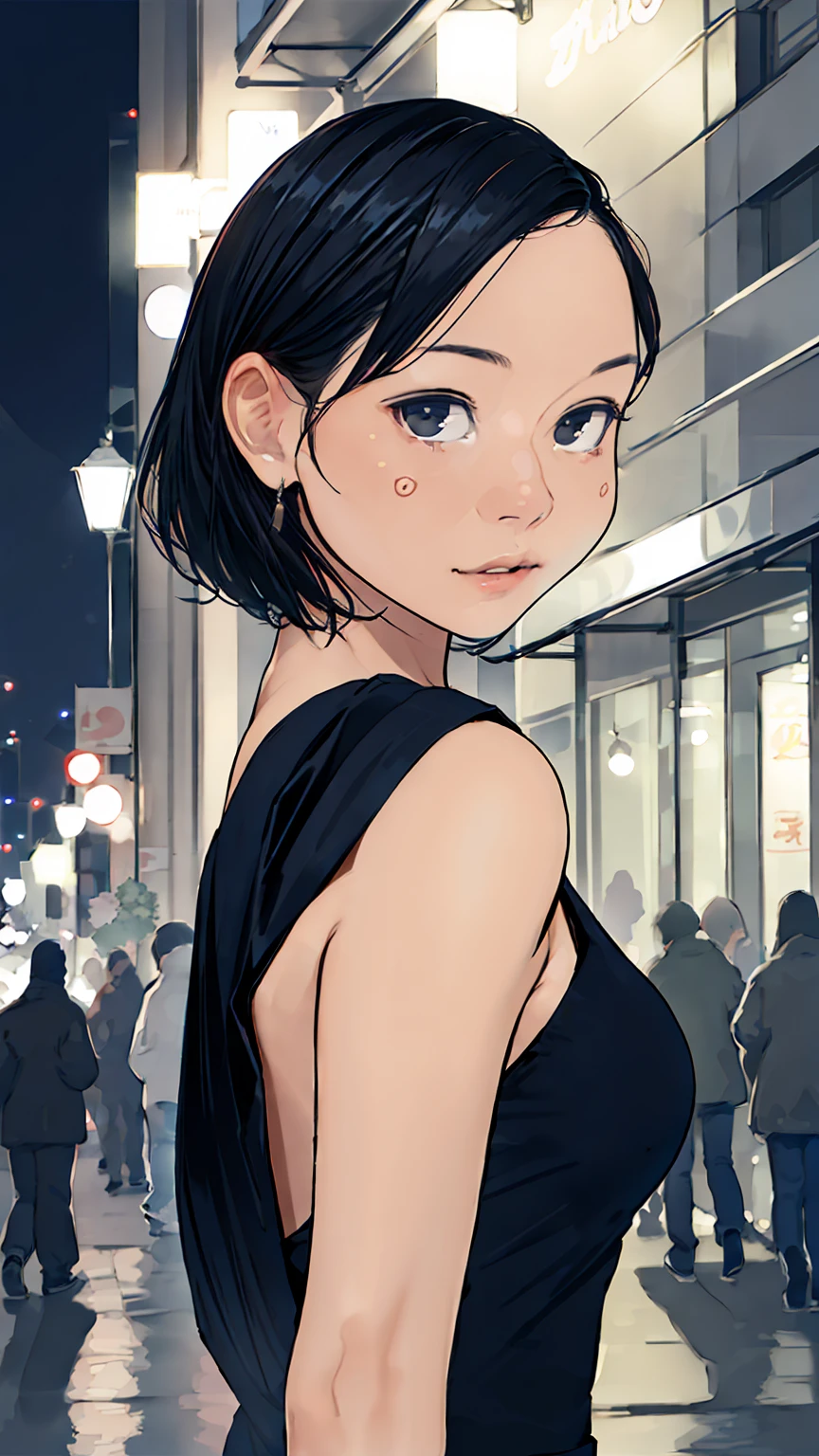 (Half-length photo,Street Lights,moon),masterpiece, 1 Girl, Solo exhibitions, Beautiful woman on the busy street, Surrounded by vendors, Beautiful goddess girl portrait, Beautiful and delicate face, Porcelain skin, (((Half-length photo, center, night, Black Hair, short hair)), Super soft light, symmetry, complex, grace, High Detail, realism, Art, concept Art,