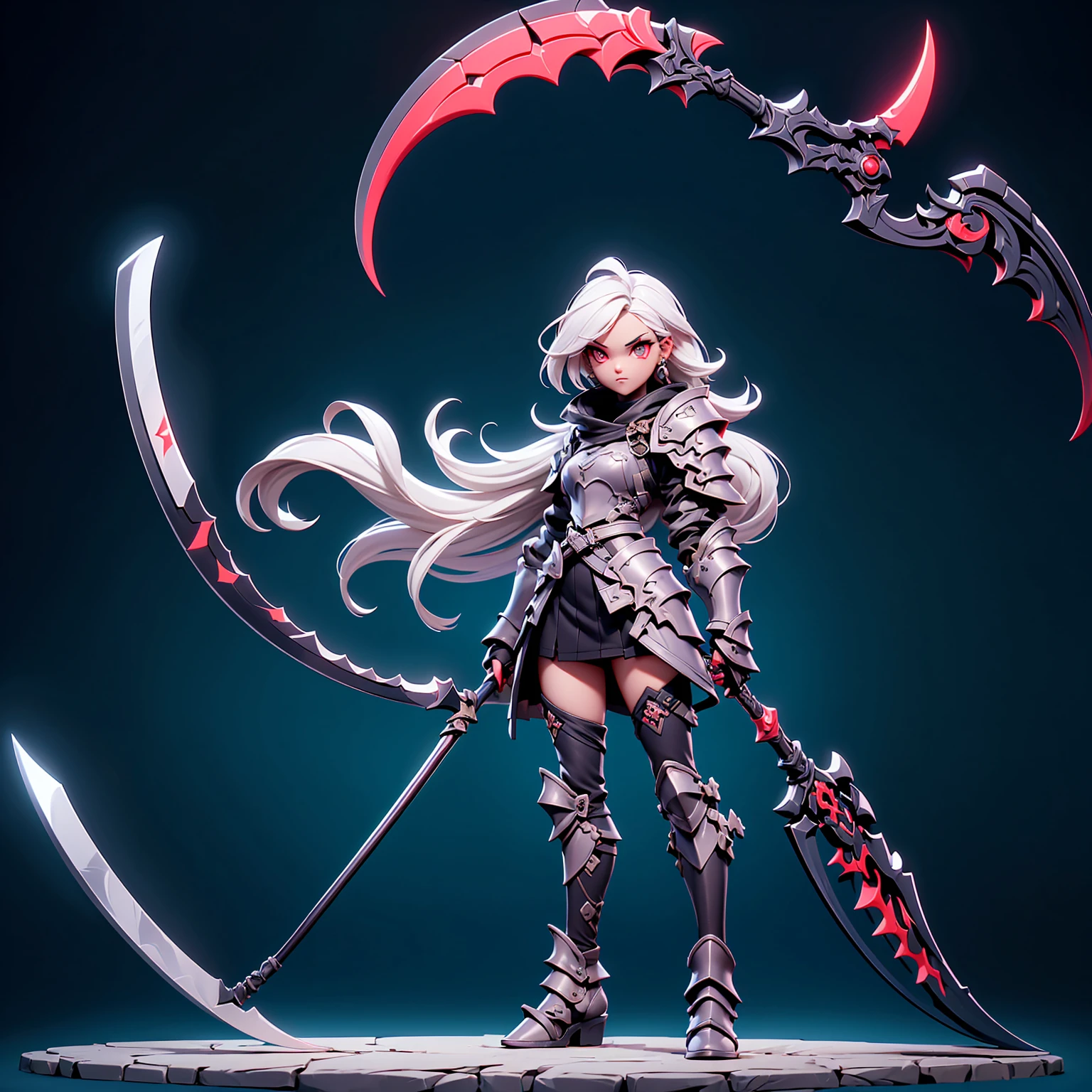 (((masterpiece, best quality, high detailed, 8k))) Design a layout showcase Gaming character, (1girl) Slender cute girl character with short stylish white hair and piercing eyes. She wears a demonic armor in purple black and white. wields a large, stylized scythe. The character has a menacing expression, with a chaotic environment as the background. ((full body front view)). ((slender)), (extremely detailed:1.5), (long white hair:1.2), (piercing red eyes:1.2), (chaotic environment:1.1), (demonic armor:1.3), (stylized scythe:1.3).
