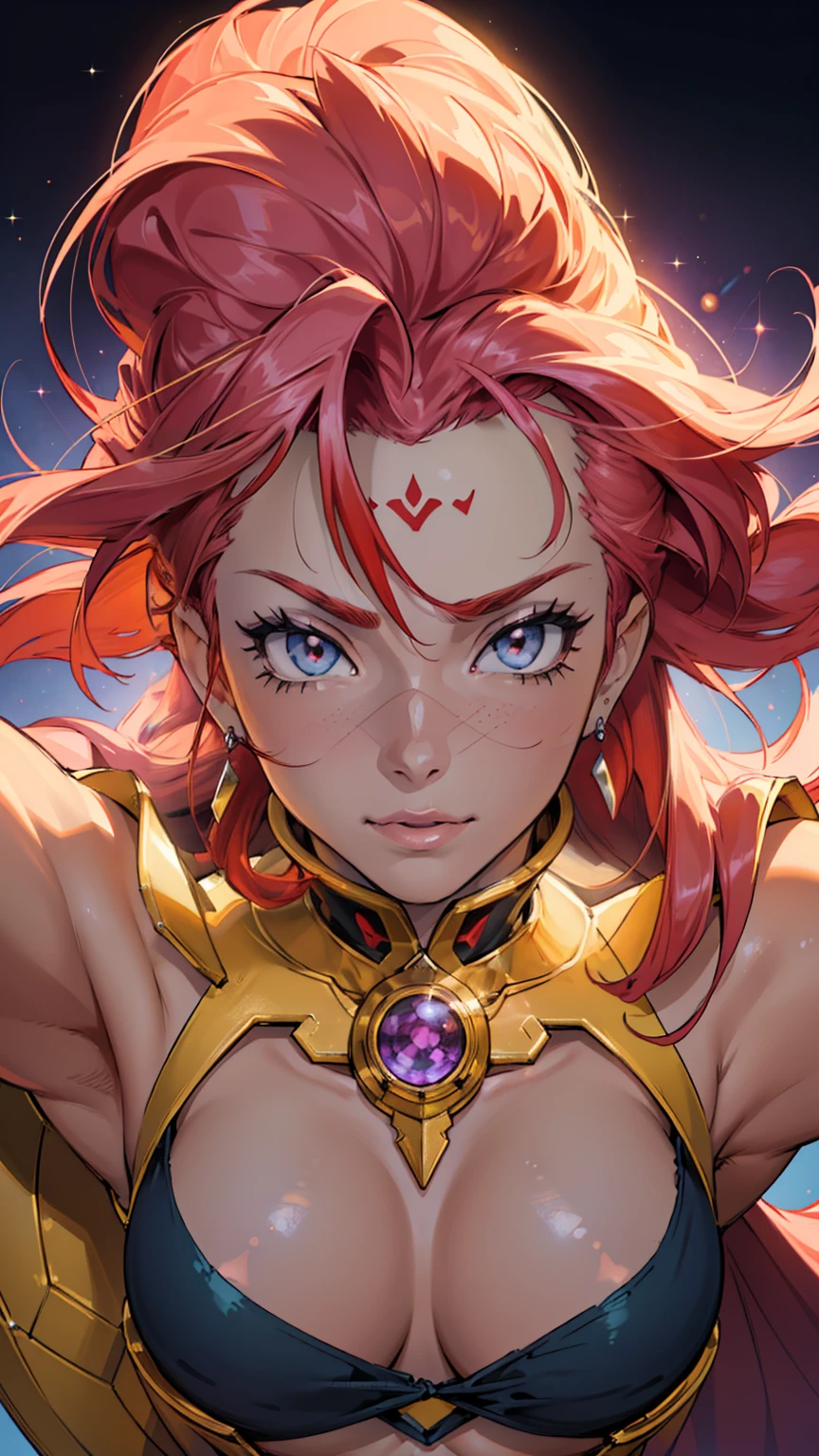 (super quality:1.5),(high resolution:1.5),(masterpiece:1.5),(very detailed:1.4),(absurd:1.5),Not edited, Very thin,16,000, exquisite, Abs urd, beautiful background, detailed background, beautiful eyes, beautiful skin, animation style, from above, ((Dirty Pair&#39;s K wearing a white high-waisted outfit.)), 1 woman, alone, Dirty Fair K, minx, [evil smile:0.8], an ecstatic look, split, Busty Redhead Beauty, (white uniform:1.5), Wear tight-fitting clothing, open, (center of chest:1.2), split, camel toe, ( muscular body:1.2), Abs, oblique muscle, muscular biceps, slim waist, thin thighs, thigh gap, showing belly, thin, thin waist, ((enraged, inclement, Lively sexy pose)), cyberpunk city background, (holding a retro space gun) BREAK green headband, emerald green headband, dramatic shadows, Described in detail, dramatic angle, hyper detail, (clear lines:1.3), movie lights, chiaroscuro, Sunset Lights, deep shadows, backlight, deep focus, sharp focus,
