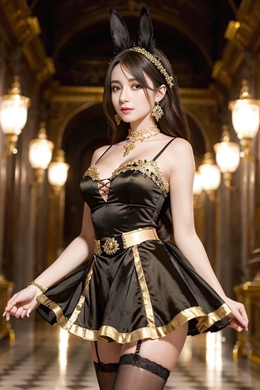 masterpiece, Highest quality, Realistic, Very detailed, Finer details, High resolution, 8k wallpaper, One beautiful woman, Dressed in a lovely gold and black bunny girl outfit, wearing the garterbelt, In the hallways of a magnificent palace, At night, Light brown messy hair, Perfect dynamic composition, Beautiful and beautiful eyes、Big earrings、Are standing、whole body