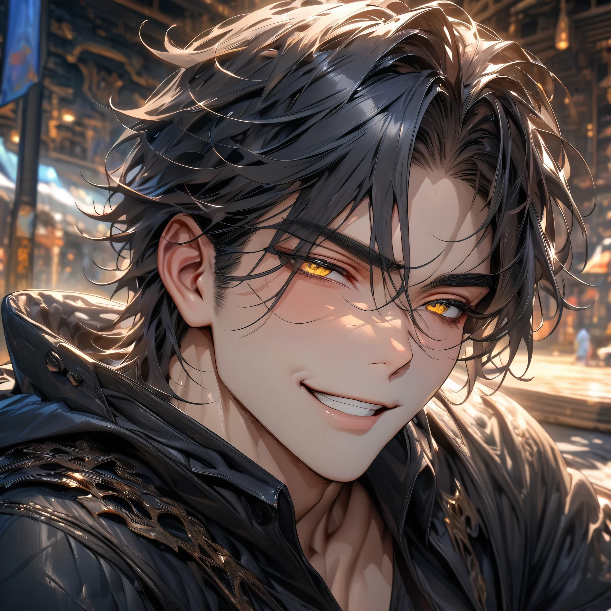ultra detailed, high resolution, HDR, artwork, black hair, expressive yellow eyes, black coat, sexy man, alone, best quality, handsome smile, tight black shirt