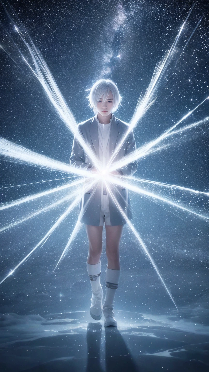 Japanese anime, boy, alone, Silvery white hair, White glass shards, crystallization, Night Sky, Winter Night, Starry Sky, Shooting Star Crossing, alone, silence, rendering, Highest quality, masterpiece, whole body, Particle Light Effect, rendering