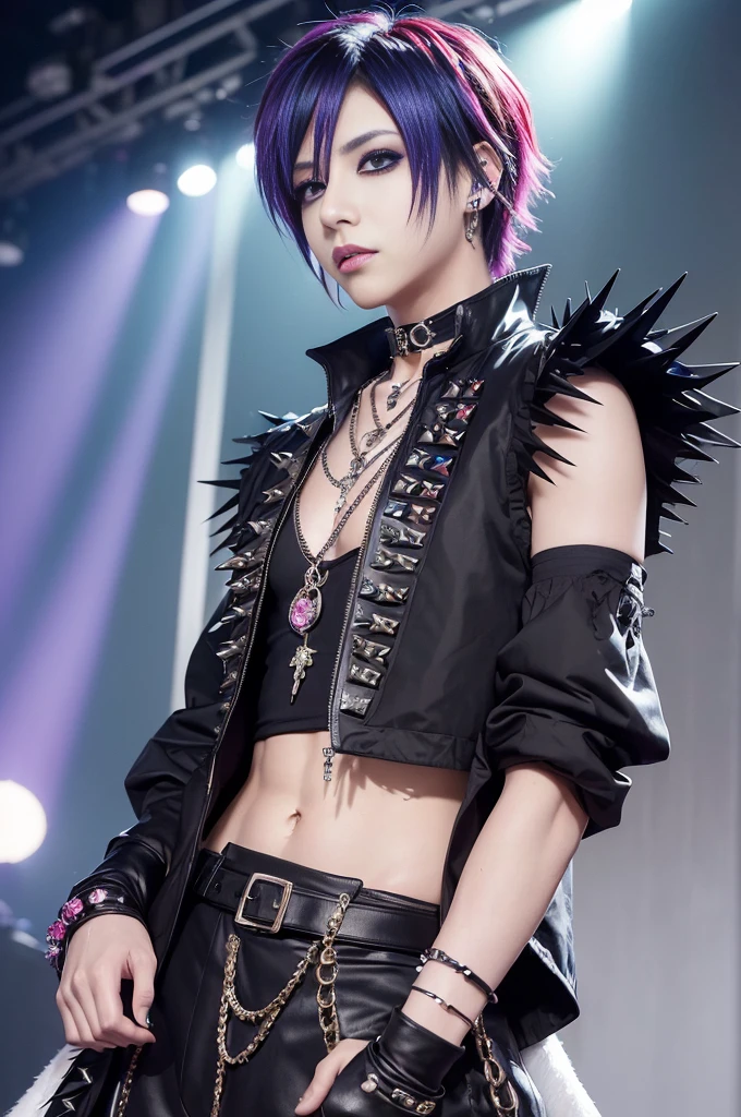 (masterpiece:1.4), (best quality:1.4), ultra high res, ultra high resolution, ((ultra detailed facial features)), HDR, (realistic, photorealistic, photo-realistic:1.37), (1 man), full body Esbian, ((sexy Japanese male)), (-anime), vivid colors, ((vivid colors multicolor (Visual Kei style spikes very short hair))), (happy smile), ultra detailed punk makeup, bold lipstick, long lashes, defined eyebrows, wearing large Visual Kei jewelery, wearing a Visual Kei cosplay, ((vivid Visual Kei outfit)), (layered clothing), choker, rings, bracelets, piercings, look at the camera, cinematic light, rockstar festival stage background with multicolor lights, sweet and sexy pose