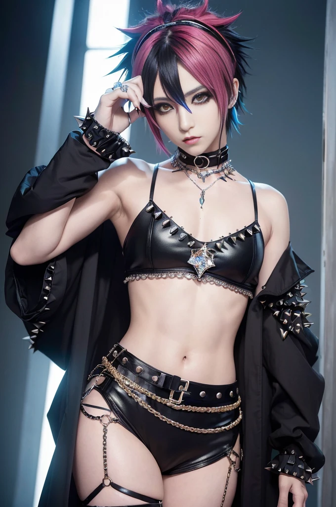 (masterpiece:1.4), (best quality:1.4), ultra high res, ultra high resolution, ((ultra detailed facial features)), HDR, (realistic, photorealistic, photo-realistic:1.37), (1 man), full body Esbian, ((sexy Japanese male)), (-anime), vivid colors, ((vivid colors multicolor (Visual Kei style spikes very short hair))), (happy smile), ultra detailed punk makeup, bold lipstick, long lashes, defined eyebrows, wearing large Visual Kei jewelery, wearing a Visual Kei cosplay, ((vivid Visual Kei outfit)), (layered clothing), choker, rings, bracelets, piercings, look at the camera, cinematic light, rockstar festival stage background with multicolor lights, sweet and sexy pose