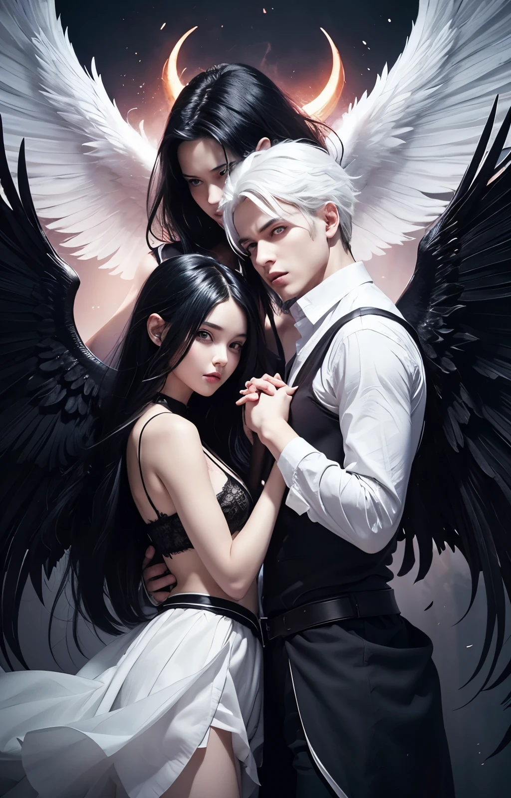 Generate a book cover image that has half of heaven and half of hell in the background, and in the center there is an angel girl with black hair and wings and a demon guy with white hair holding hands romantically.