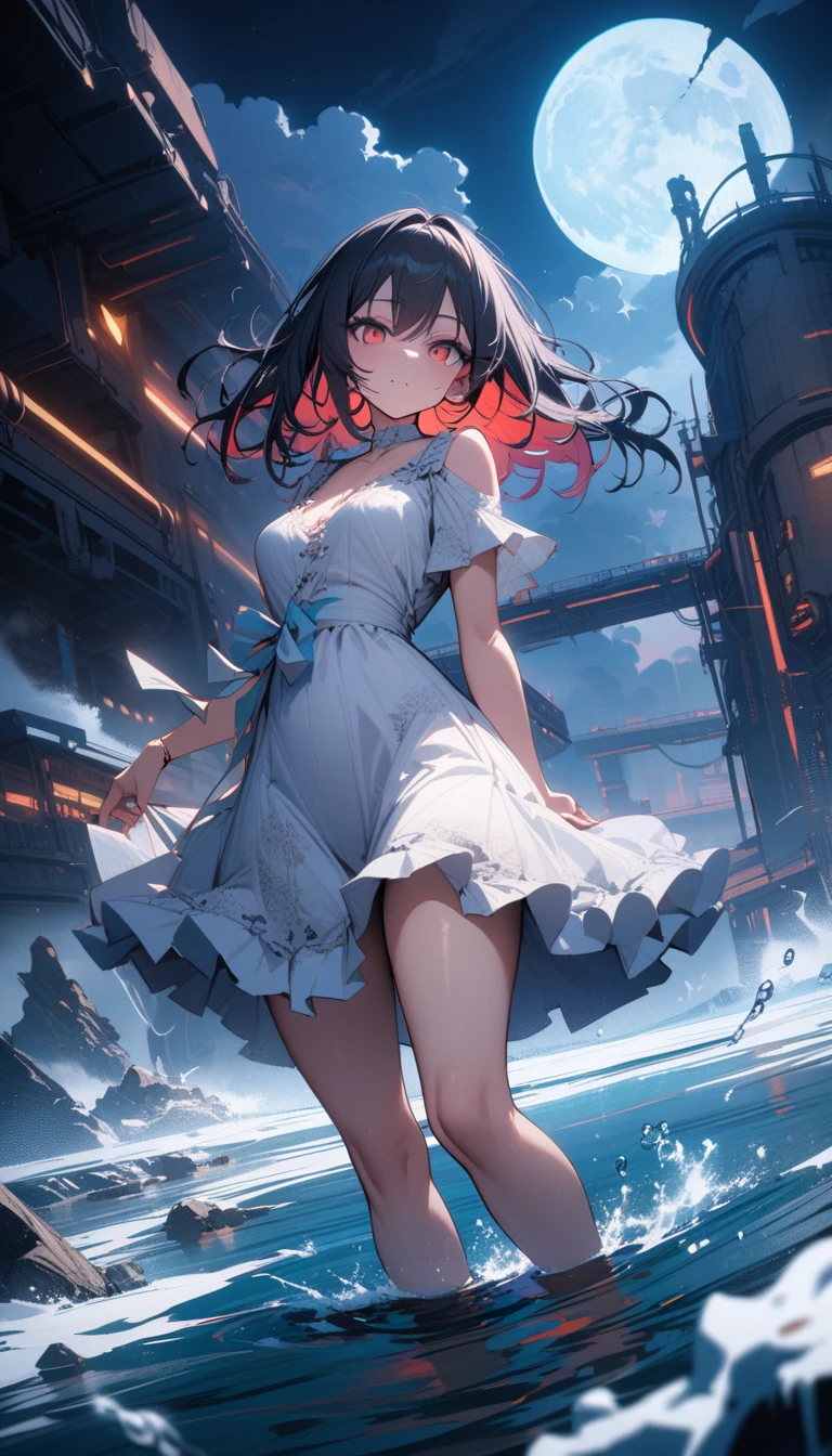 ((best quality)) , ((masterpiece)) , (detailed),Color splash, Ghostly Astronaut (Li Gong:1.3) , wearing Shabby Chic Wrap dress, has metallic plating, Colored hair, Fossil fuel power station in background,beautiful detailed glow, detailed ice, beautiful detailed water, (cold full moon), snowflake, (floating cloud:1.2)