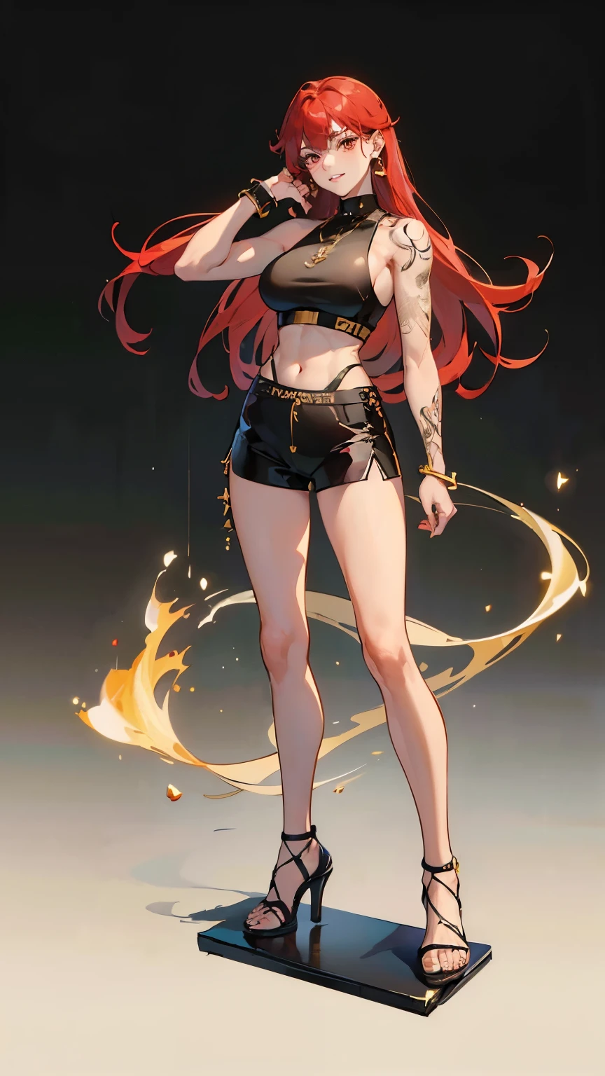 ((masterpiece,best quality,8k,highres)),((character concept art)), 1 female, adult, middle-age woman, demon, devil, fighter, 192cm height, long hair, flat bangs(red hair colour), ultra finely detailed eyes, red eyes colour(bright), extraordinary gorgeous, playful, smirk smile, shapely breasts, hourglass body shape ((muscular))(sexy), ((intricate detail)), super finely detailed hands, ultra finely detailed fingers(((ten fingers))), (full set sleeveless sport outfit),(black mix gold colour outfit)(stylish)(sleeveless), (black sport short pants), black high heels, gold necklace, gold bracelet, gold earrings, a lot tattoo, tattoo on arms, tattoo on legs, (standing still), (full body showcase), (show full body), (no logos on background), (no logo), ((plain background)), (((empty hands))), ((plain background)), (((empty background)))