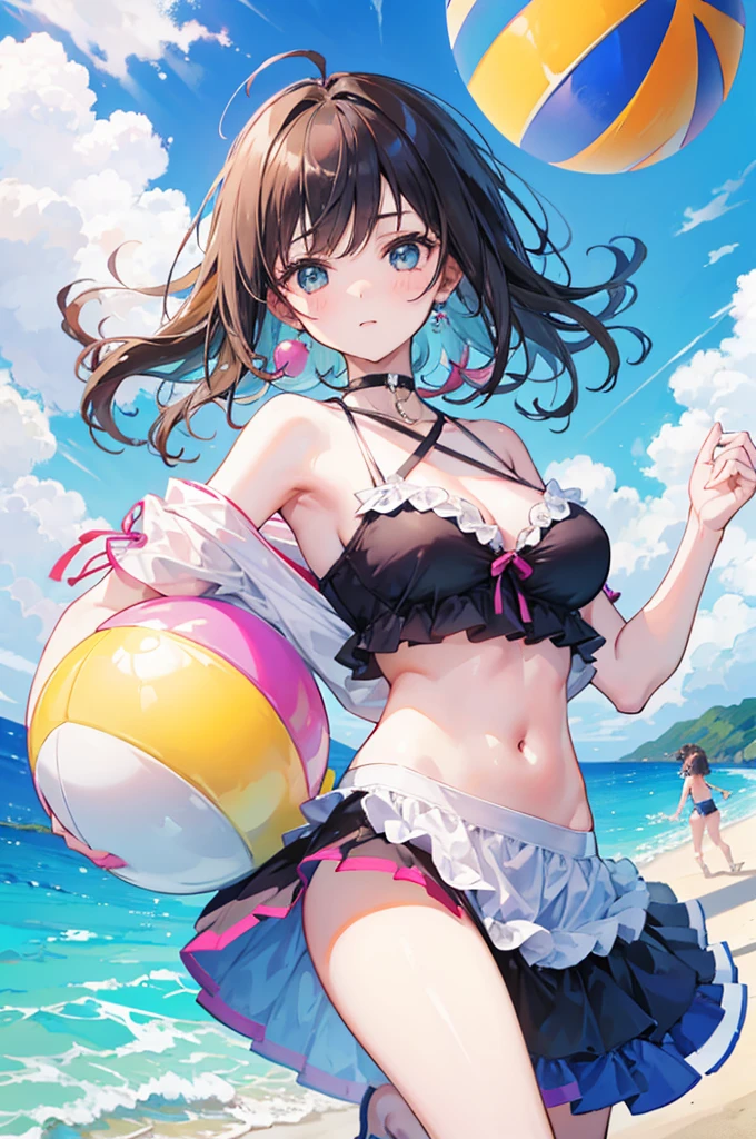 Two Girls, holding a beach ball over one's head, Detailed light, White skin, Woman in swimsuit, Ocean