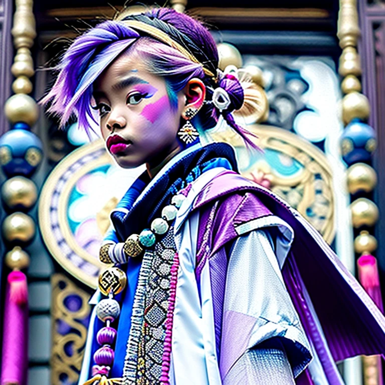 masterpiece, best quality, 10 years old, 1girl, qiqi (genshin impact), solo, thighhighs, hat, purple hair, white thighhighs, hair ornament, braid, qing guanmao, long sleeves, purple eyes, long hair, jewelry, parted lips, wide sleeves, ofuda, purple headwear, bangs, looking at viewer, outstretched arms, standing on one leg, beads, blush, shorts, dress, bead necklace, jiangshi, yin yang, single braid, black footwear, orb, necklace, blue dress, coin hair ornament, hair between eyes, very long hair, purple jacket, standing, snowflakes, shoes, cropped jacket, jacket, :o, sleeves past wrists, braided ponytail, vision (genshin impact), short shorts, bandaged leg, earrings, blue shorts, bandages, leg up, chinese clothes, yin yang orb,