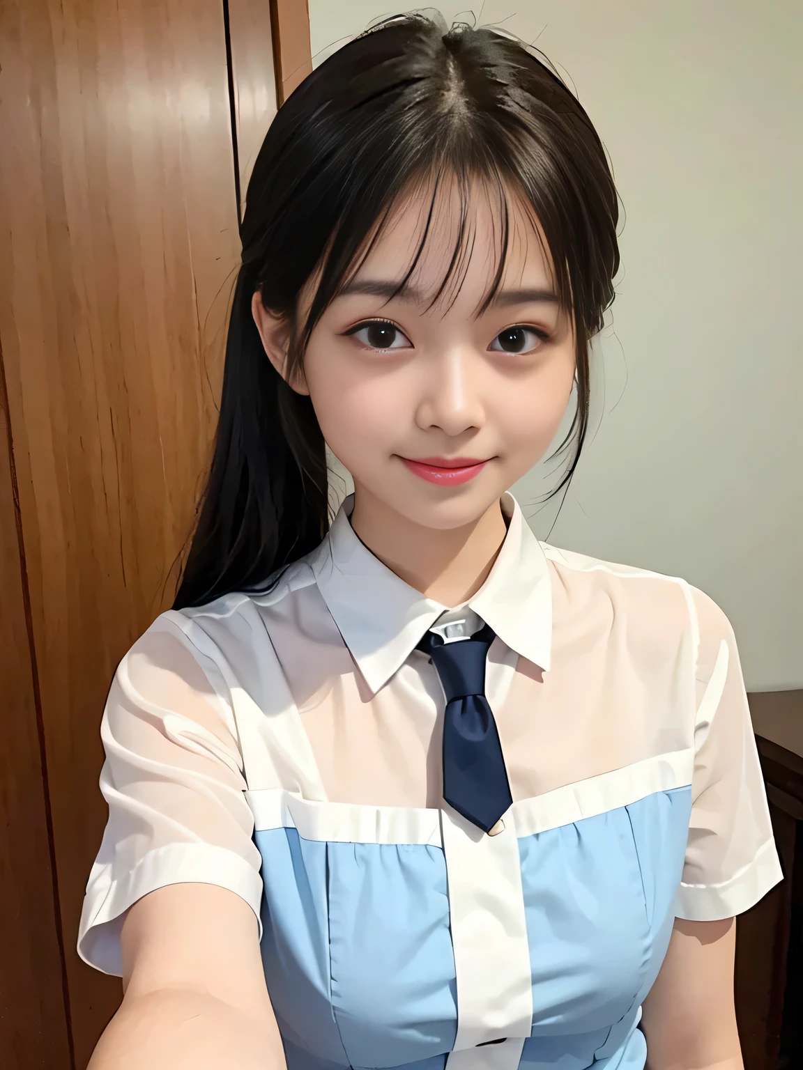Highest quality、Figures、((iPhone)),Taking a selfie with a black smartphone、one person、Cute Girls、ly、Slender、Red tie、White shirt、Navy blue exy))、Very detailed、Fine details、Slim Body、Slender、Japanese Girls、High resolution、8k、wallpaper、Perfect dynamic composition、Beautiful fine details、Short Ponytail、Big natural color lip、大胆なsexlyポーズ、smile、Cold Stare、17-te、Lolita、Good eyesighe body、Light blue wall、smile、