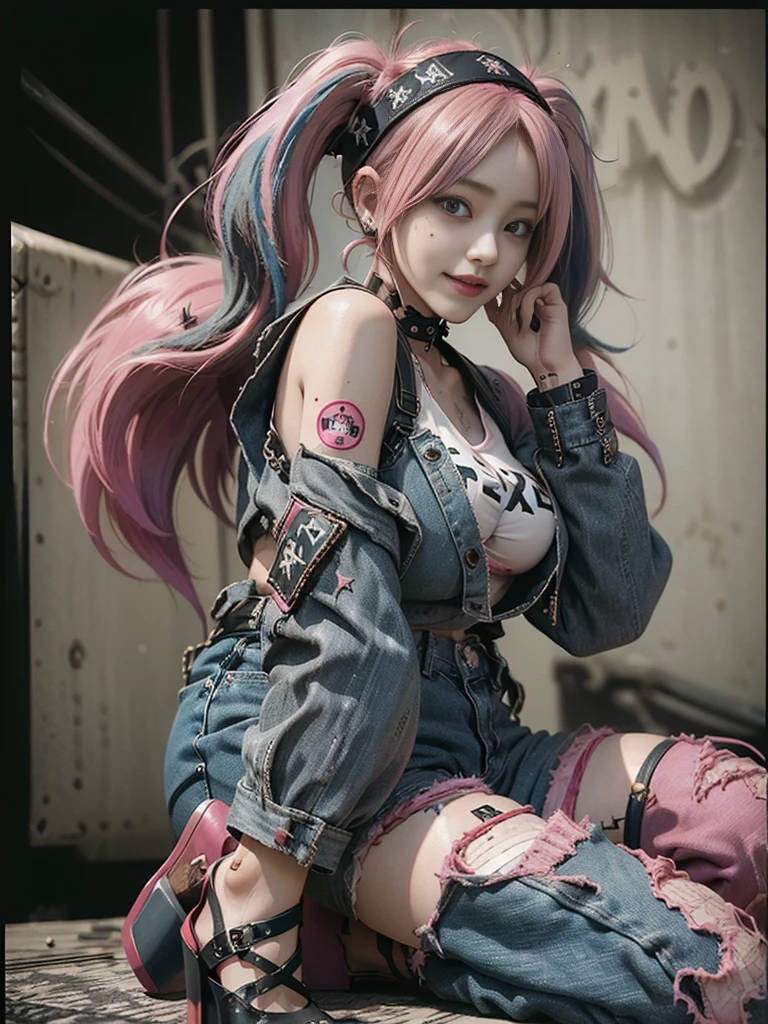 (Full body:1.1)、(Side view:1.1)、(Smiling with teeth showing:1.4),(Shibuya Gal:1.5)、(Beverly Hills Whore:1.4)、(Neo-Goth Fashion:1.5)、(Punk rock visual kei:1.4)、(Modern white and red Baron:1.5)、(Tattered brown and charcoal denim baggy pants:1.5)、(Mustard yellow headband:1.3)、(Charcoal and khaki high heels:1.4)、collar、(We sell patterned underwear with logos.:1.4)、15 years old、Browsing Caution,((Highest quality、In 8K、masterpiece:1.3))、Sharp focus:1.2、(Layered Cut、Huge boobs:1.1),Beautiful woman with perfect figure:1.4、Slim Abs:1.2、Butt、Highly detailed face and skin texture、Fine grain、double eyelid,(Twin tails:1.3)、(Pink Hair:1.3)、Dynamic pose、Obscene pose、Humiliating pose、Idol Sculpture、(high end fashion show stage:1.3)、(Slimming your legs:1.4)、(The body is slim:1.3)、(clavicle:1.1)
