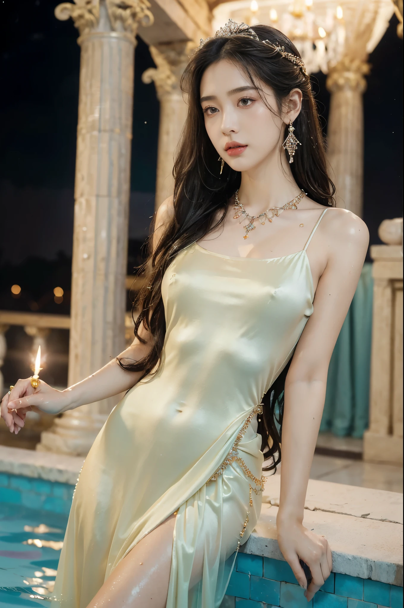 (((best quality))),(((ultra detailed))),(((masterpiece))),illustration,((1 beautiful girl,ancient greek princess,solo)),((earrings,crystal necklace)),(((sweat,wet,shiny skin))),((slim,thin)),((small breasts,flat chest)),(Gorgeous sheer dress:1.3),(slender legs:1.2),(((luxurious pool,grand temple,starry night sky))),summer,radiant complexion,(shoulder length straight hair:1.2),graceful,intricate patterns,embellishments,shimmering fabric,rainbow colors,gentle waves,fragrant oils,lush plants,elegant columns,serene ambiance,(surrounded by crowded crowds of attendants:1.3),ritual of cleansing,opulence,tranquility,solitude,busy life,timeless,enchanting image,essence of ancient greece,((from front,upper body))