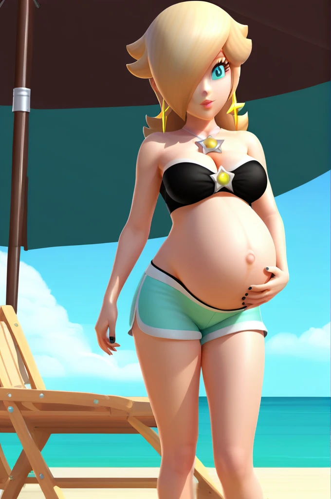 score_9, score_8_up, 1girl, solo, rosalina, style parody, thick outlines, black bikini, shorts, pregnant belly, sleeveless, strapless, cleavage, indoors, beach, black nails, complete body, perfect