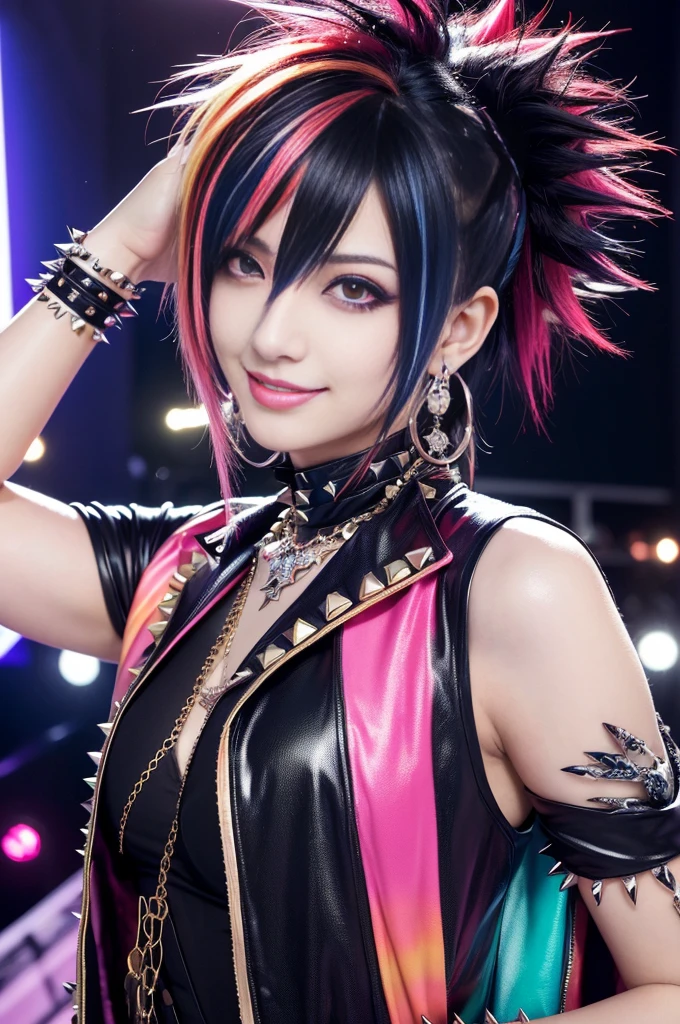 (masterpiece:1.4), (best quality:1.4), ultra high res, ultra high resolution, ((ultra detailed facial features)), HDR, (realistic, photorealistic, photo-realistic:1.37), 1 man, full body Esbian, sexy Japanese male, (-anime), vivid colors, ((vivid colors multicolor (Visual Kei style spikes very short hair))), (big smile), ultra detailed glam rock makeup, bold lip-color, long lashes, defined eyebrows, wearing large dramatic Nana Visual Kei jewelery, wearing a Nana Visual Kei cosplay, ((vivid Nana Visual Kei outfit)), layered clothing, look at the camera, cinematic light, rockstar festival stage background with multicolor lights, sweet and sexy pose