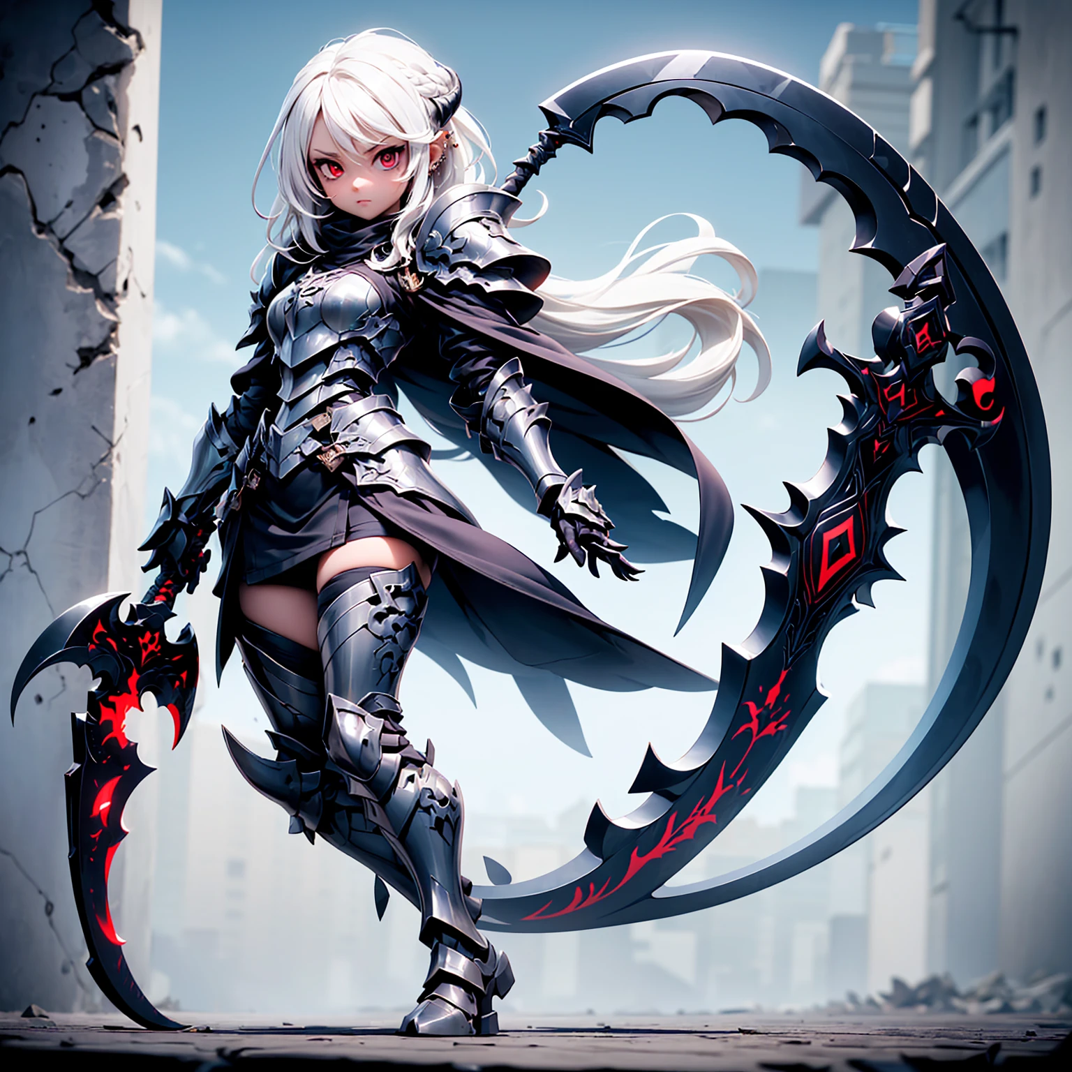 (((masterpiece, best quality, high detailed, 8k))) Design a layout showcase Gaming character, (1girl) Slender cute girl character with short stylish white hair and piercing eyes. She wears a demonic armor in purple black and white. wields a large, stylized scythe. The character has a menacing expression, with a chaotic environment as the background. ((full body front view)). ((slender)), (extremely detailed:1.5), (long white hair:1.2), (piercing red eyes:1.2), (chaotic environment:1.1), (demonic armor:1.3), (stylized scythe:1.3).