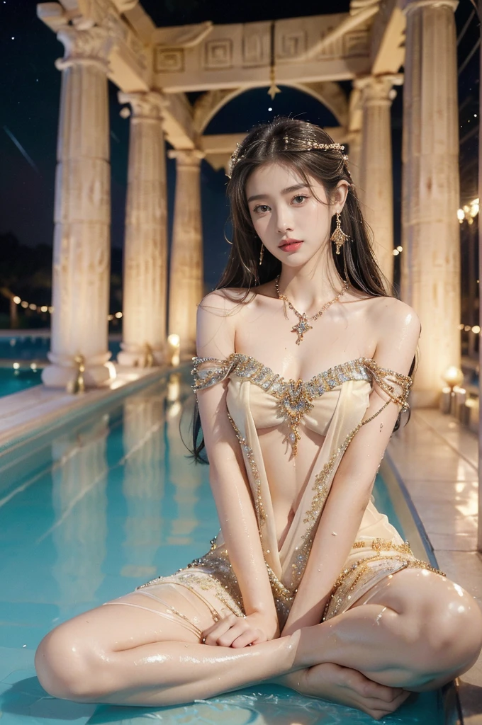 (((best quality))),(((ultra detailed))),(((masterpiece))),illustration,((1 beautiful girl,ancient greek princess,solo)),((earrings,crystal necklace)),(((sweat,wet,shiny skin))),((slim,thin)),((small breasts,flat chest)),(Gorgeous sheer dress:1.3),(slender legs:1.2),(sitting:1.3),(arms behind:1.3),(spread legs apart:1.3),(((luxurious pool,grand temple,starry night sky))),summer,radiant complexion,(shoulder length straight hair:1.2),graceful,intricate patterns,embellishments,shimmering fabric,rainbow colors,gentle waves,fragrant oils,lush plants,elegant columns,serene ambiance,(surrounded by crowded crowds of attendants:1.3),ritual of cleansing,opulence,tranquility,solitude,busy life,timeless,enchanting image,essence of ancient greece,((from front,full body))