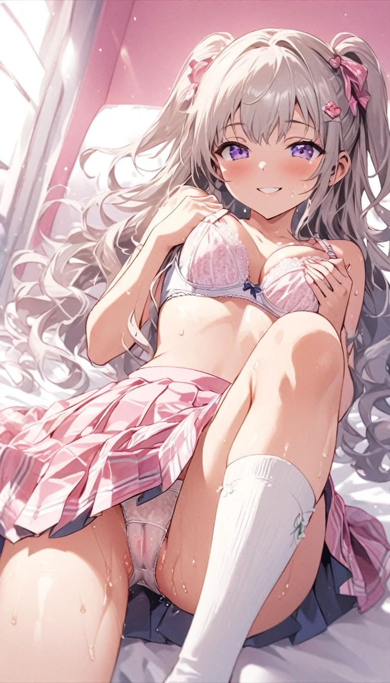 Clear painting style、beautiful girl、、Girly Hair、Pink Room、Girly Fashion、Pleated skirt、Knee socks、Highest quality, smile,Lie down with your legs spread、girly panties、Girly Bra、Sweaty crotch、Low Angle、Cowboy Shot、Put your hands on your bra、A seductive smile
