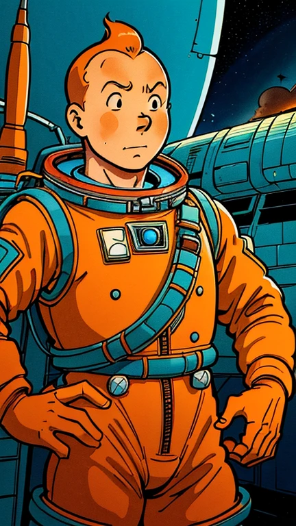 (Teens:1man: Tintin), (extremely detailed CG unit 8k wallpaper),(master part), (best quality), (ultra detali), (best illustration),(Osamu Tezuka), cowboy shot, (Sharp eyeliner, ombre, detailed eyes:1),Dark midnight derelict spaceship interiors background, ,break , (astronaut in an orange space suit), upper body, short hair, orange hair