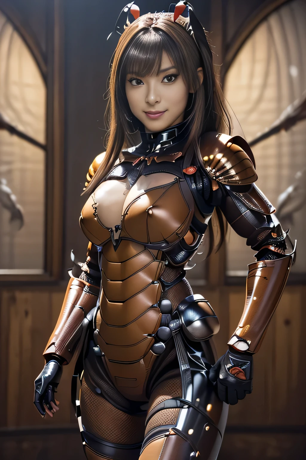 (high resolution,masterpiece,best quality,extremely detailed CG, anime, official art:1.4), realistic, photo, amazing fine details, all intricate, gloss and shiny,awesome many layers, 8k wall paper, 3d, sketch, kawaii, illustration,( solo:1.4), perfect female proportion,villainess, (fusion of dark brown cockroach and lady:1.4), (brown cockroach form lady:1.2), (brown cockroach lady:1.2), (fusion:1.2), (solo:1.4), (evil smile:1.2), muscular, abs, (cockroach brown exoskeleton bio insect suit:1.4), (cockroach brown exoskeleton bio insect armor:1.2), (brown transparency cockroach wing:1.4), (brown cockroach antennae:1.3),