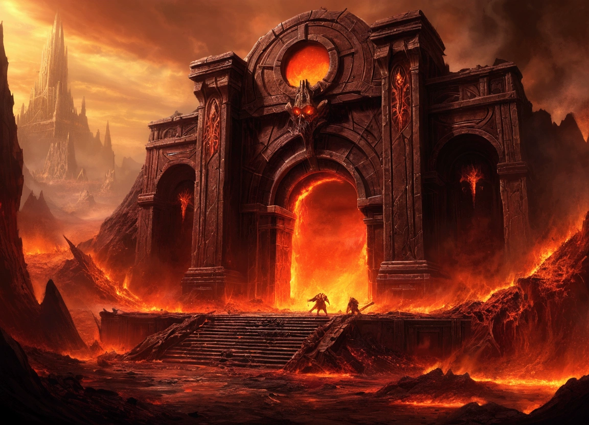 , Hellscape, The bottom of hell, Hell Battle, Apocalyptic landscape!!!!!, Mustafar, Hellish ruins, ! Apocalyptic landscape!!, Awesome D & D The Art of Dark Sun, Door of hell, Door of hell, World of Warcraft concept art, Rescue from the Underworld!!!!!!