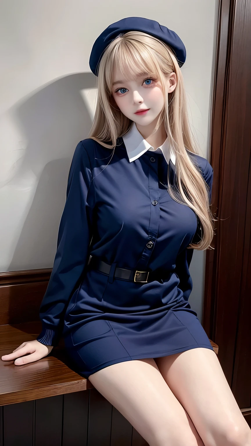 best quality, full body portrait, delicate face, pretty face, 16-year-old woman, slim figure, big bust, OL, office clothing, Navy blue, exterior, sitting position,blond,very long hair,curls, blue eyes,Nice hat,Close-up of feet